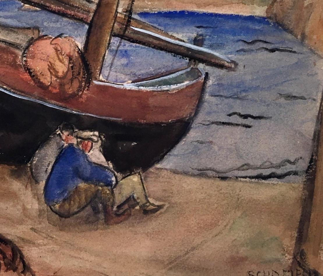Aquarelle de 1920 représentant un pêcheur et une voilier par l'artiste Flora Schofield 3