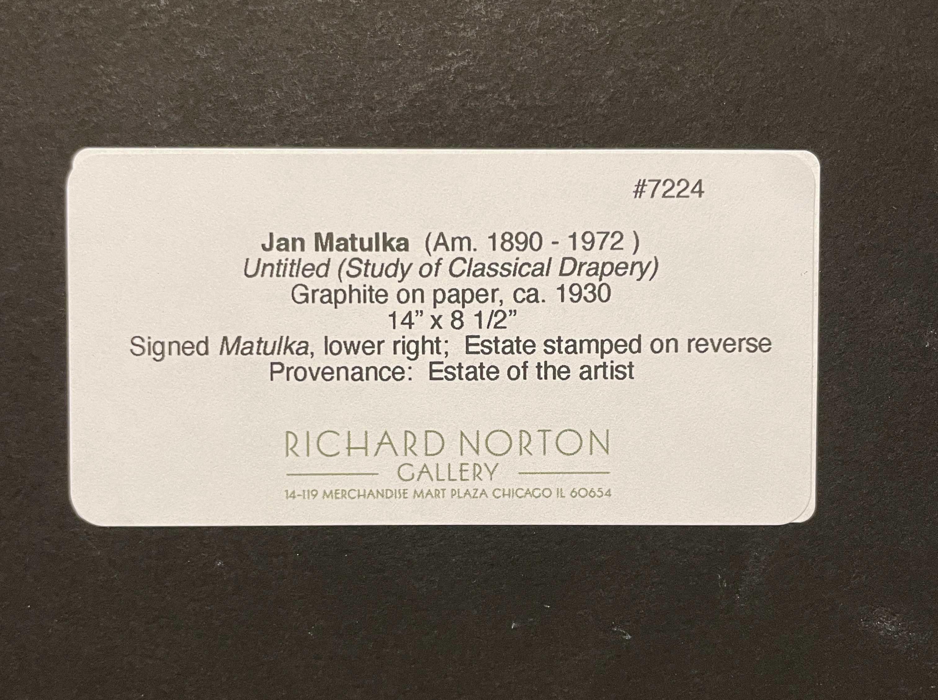 Eine Graphitzeichnung auf Papier, Studie einer klassischen Draperie des Künstlers Jan Matulka.  Die Abbildung ist auf der Rückseite eines maschinengeschriebenen, gefalteten Briefbogens von Dyer, Hudson & Co. aus New York, NY, vom 28. Januar 1938. 