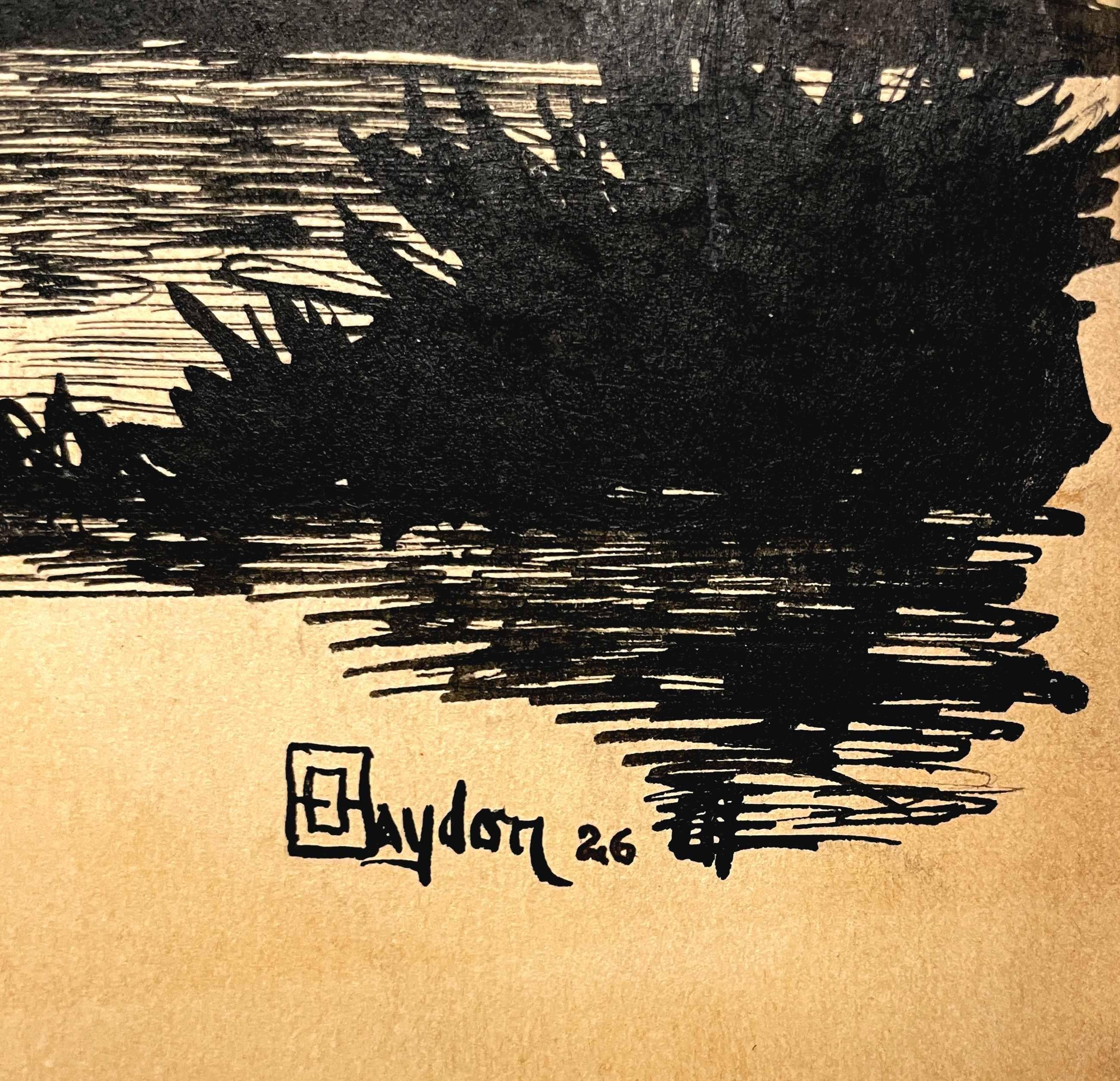 Tinte auf Papier Zeichnung eines Zeichnungs eines Zedernbaums und eines nördlichen Sees des Künstlers Harold Haydon im Angebot 4