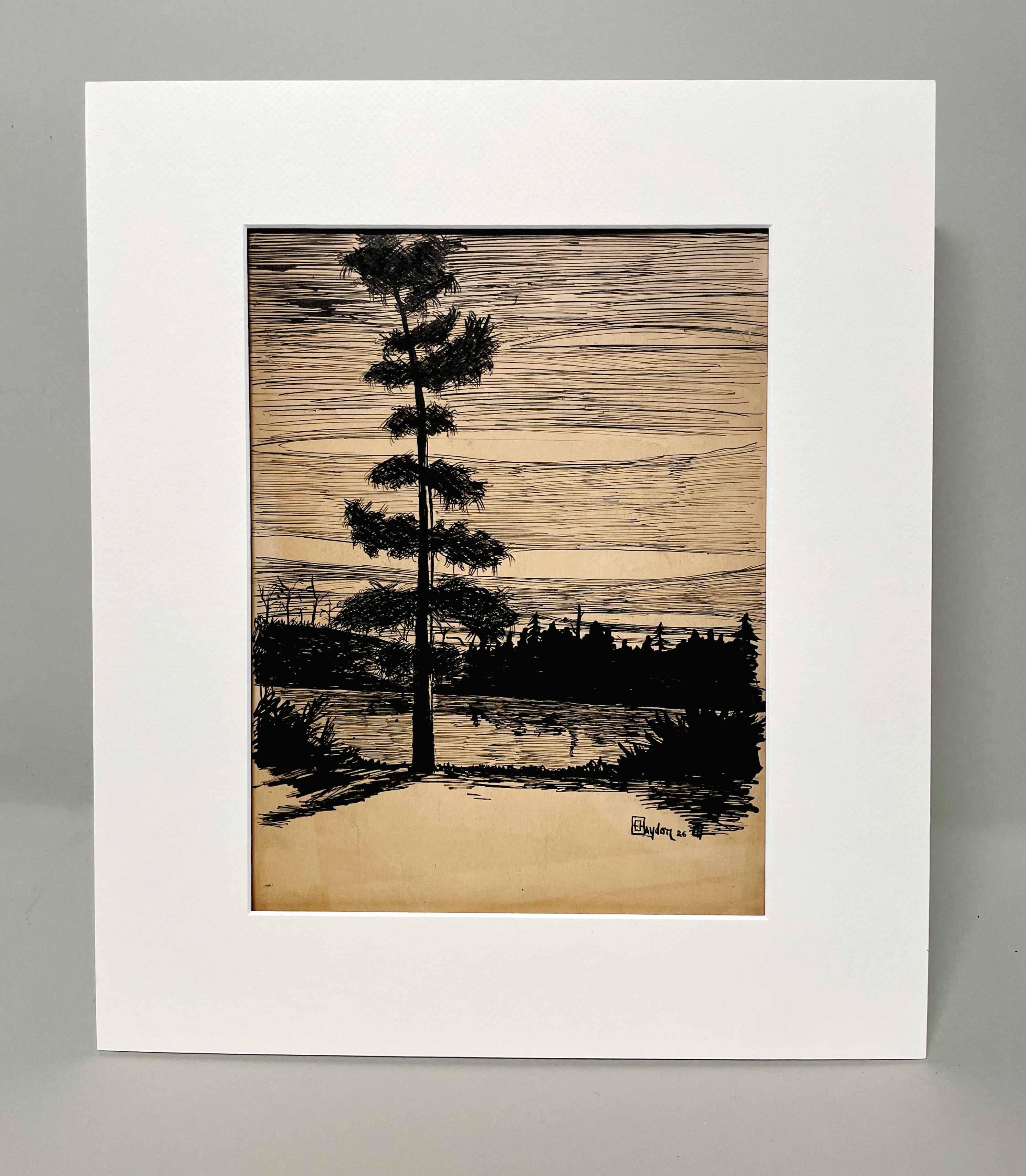 Ink on Paper Drawing of a Cedar Tree and a Northern Lake by Artist Harold Haydon For Sale 3