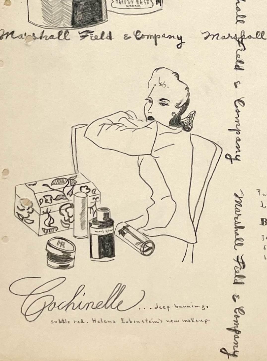 Eine Modestudie aus den frühen 1940er Jahren mit einer Werbung für Marshall Field & Company für Kosmetik und Parfüm.  Provenienz: Cornelia Steckl-Jurin, Gründerin der Modeabteilung an der School of the Art Institute of Chicago. Archivmattiert auf