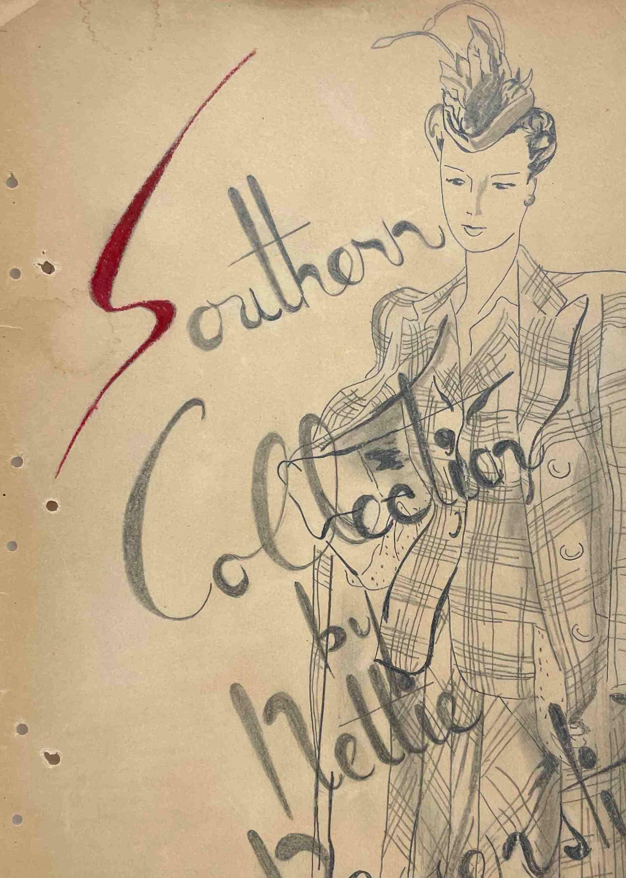 An early 1940s fashion study featuring and advertisement for Marshall Field & Company featuring the 