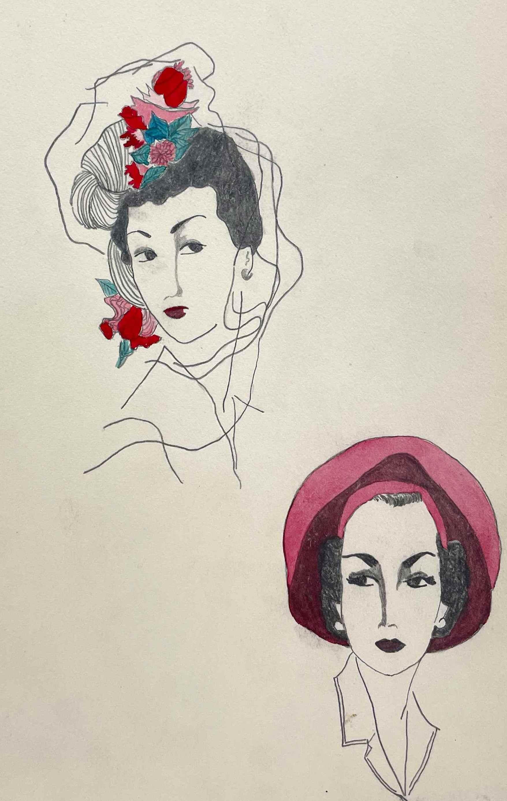 An early 1940s fashion study featuring women's hats in pink tobes.  Provenance: Cornelia Steckl-Jurin, Founder of the Fashion Department at the School of the Art Institute of Chicago. Archivally matted to 12