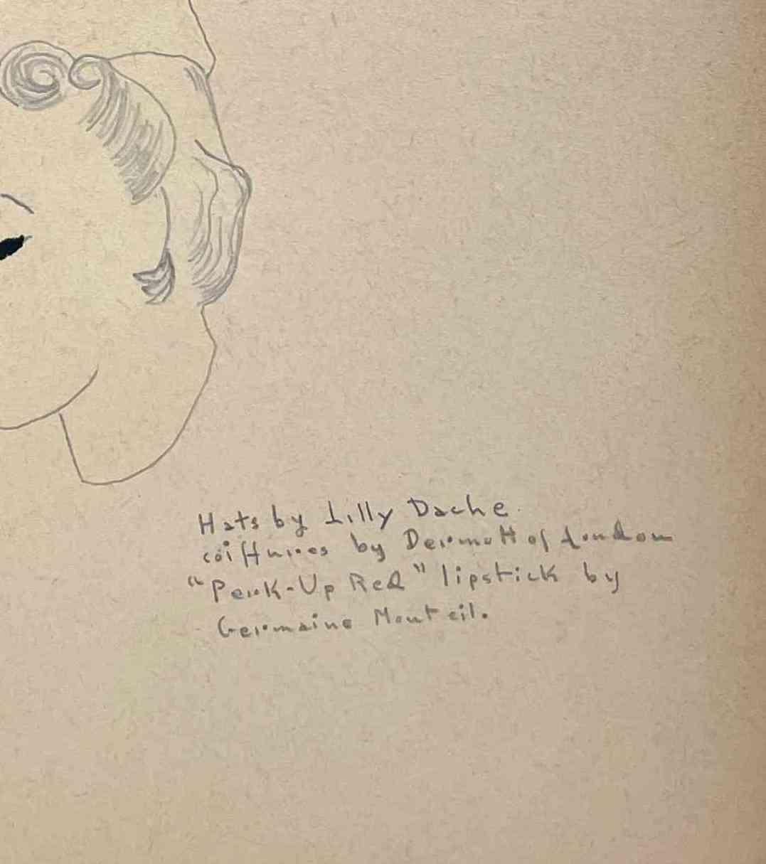 Eine Schwarz-Weiß-Modenstudie aus den 1940er Jahren für Lily Daché Hat Designs (Beige), Figurative Art, von Unknown