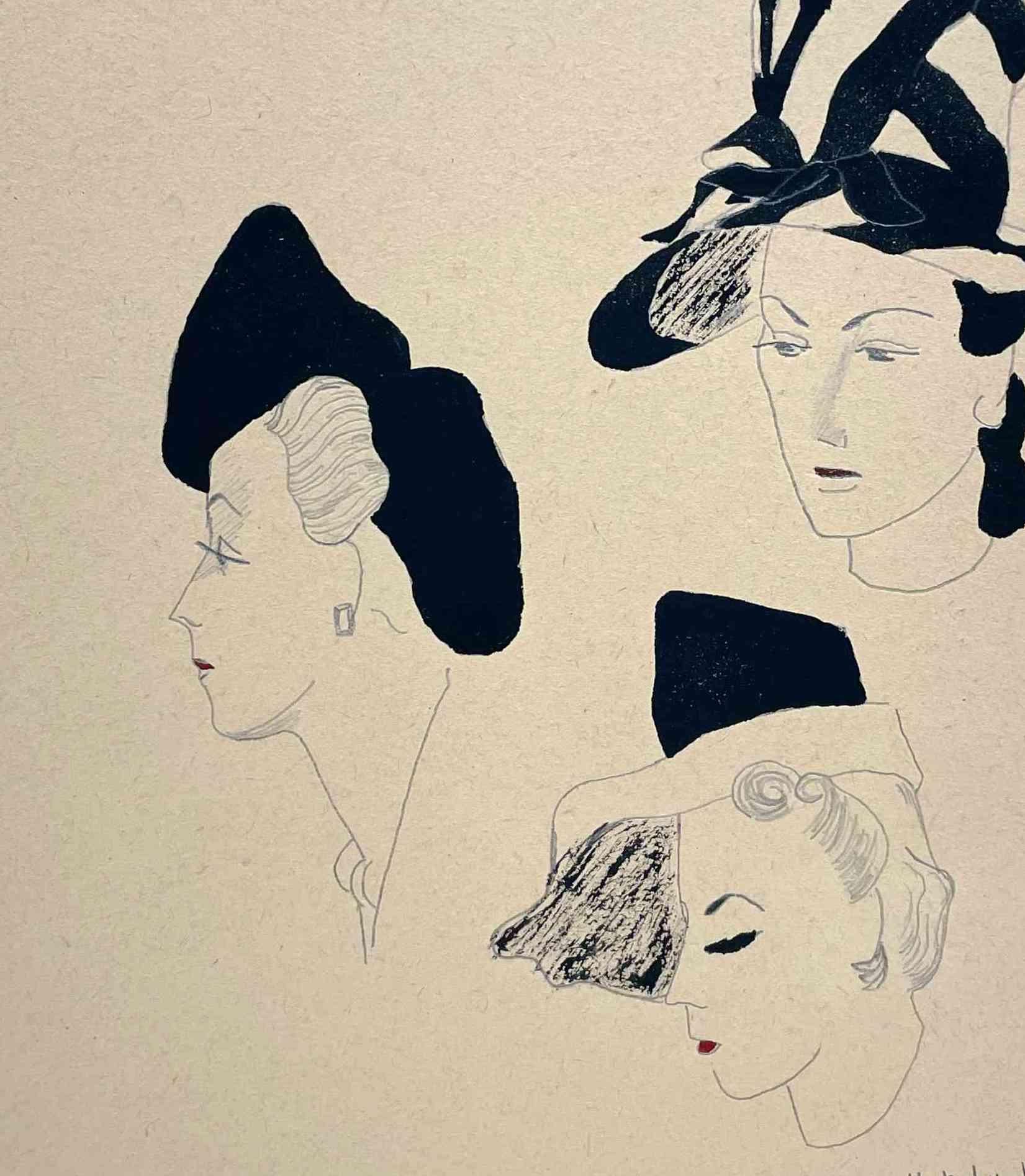 Eine Schwarz-Weiß-Modenstudie aus den 1940er Jahren für Lily Daché Hat Designs (Amerikanische Moderne), Art, von Unknown