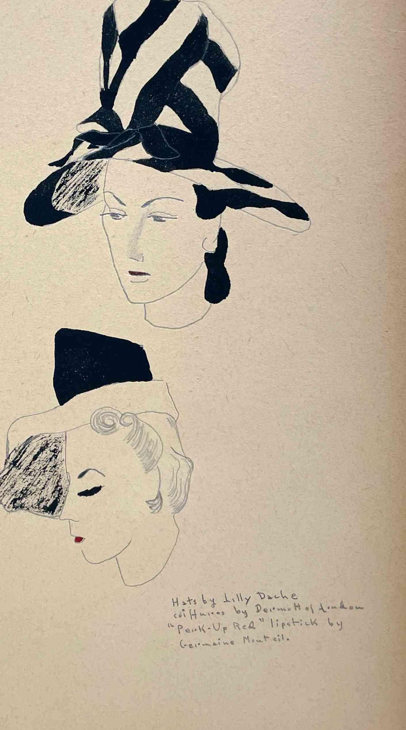 Eine Schwarz-Weiß-Modenstudie aus den 1940er Jahren für Lily Daché Hat Designs – Art von Unknown