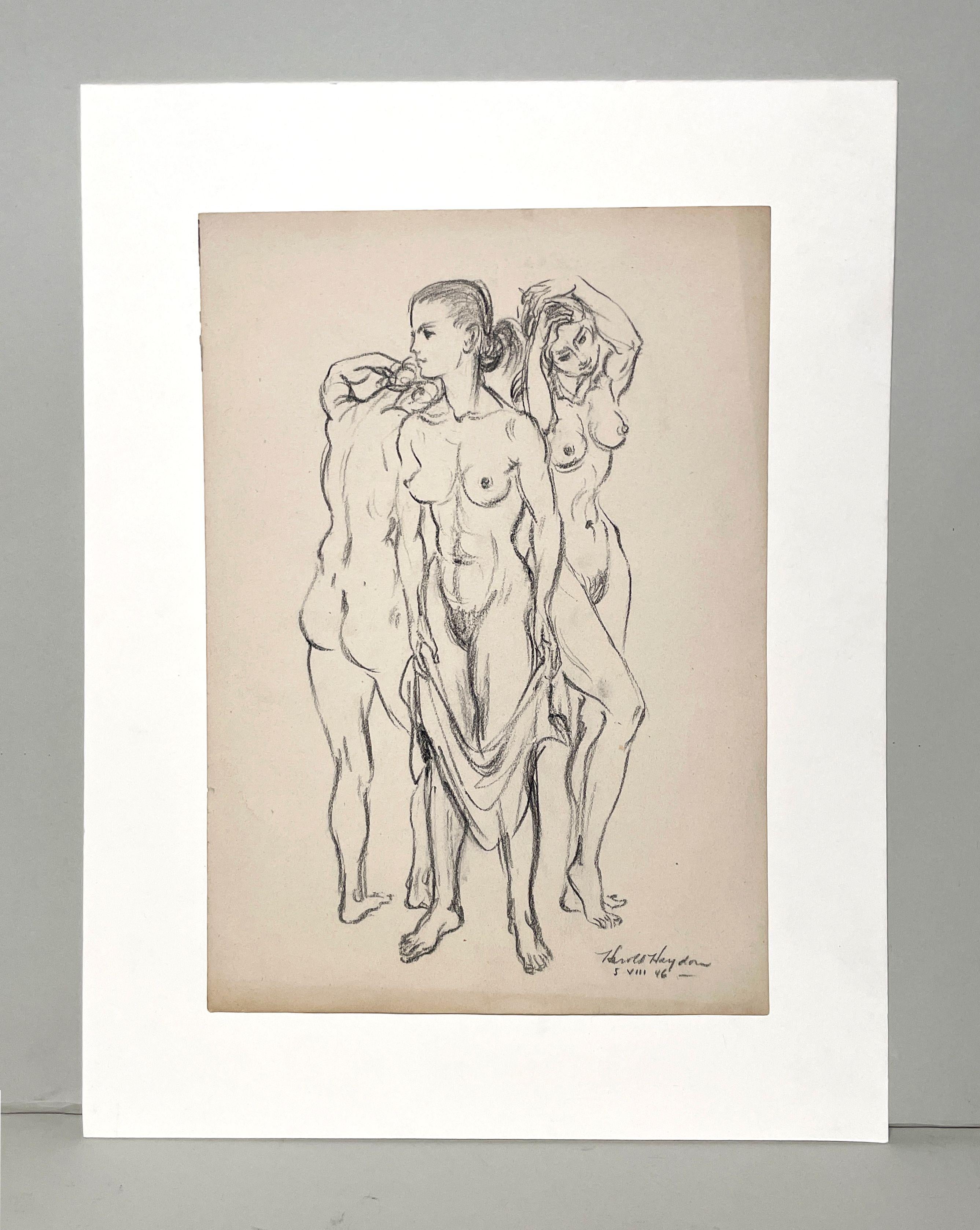 A 1946, Charcoal on Paper drawing of Three Nudes by Artist Harold Haydon For Sale 1