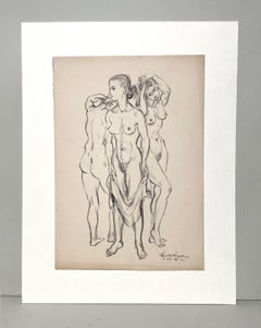 A Striking, 1946 Modern Figure Study Drawing of Three Standing Female Nudes