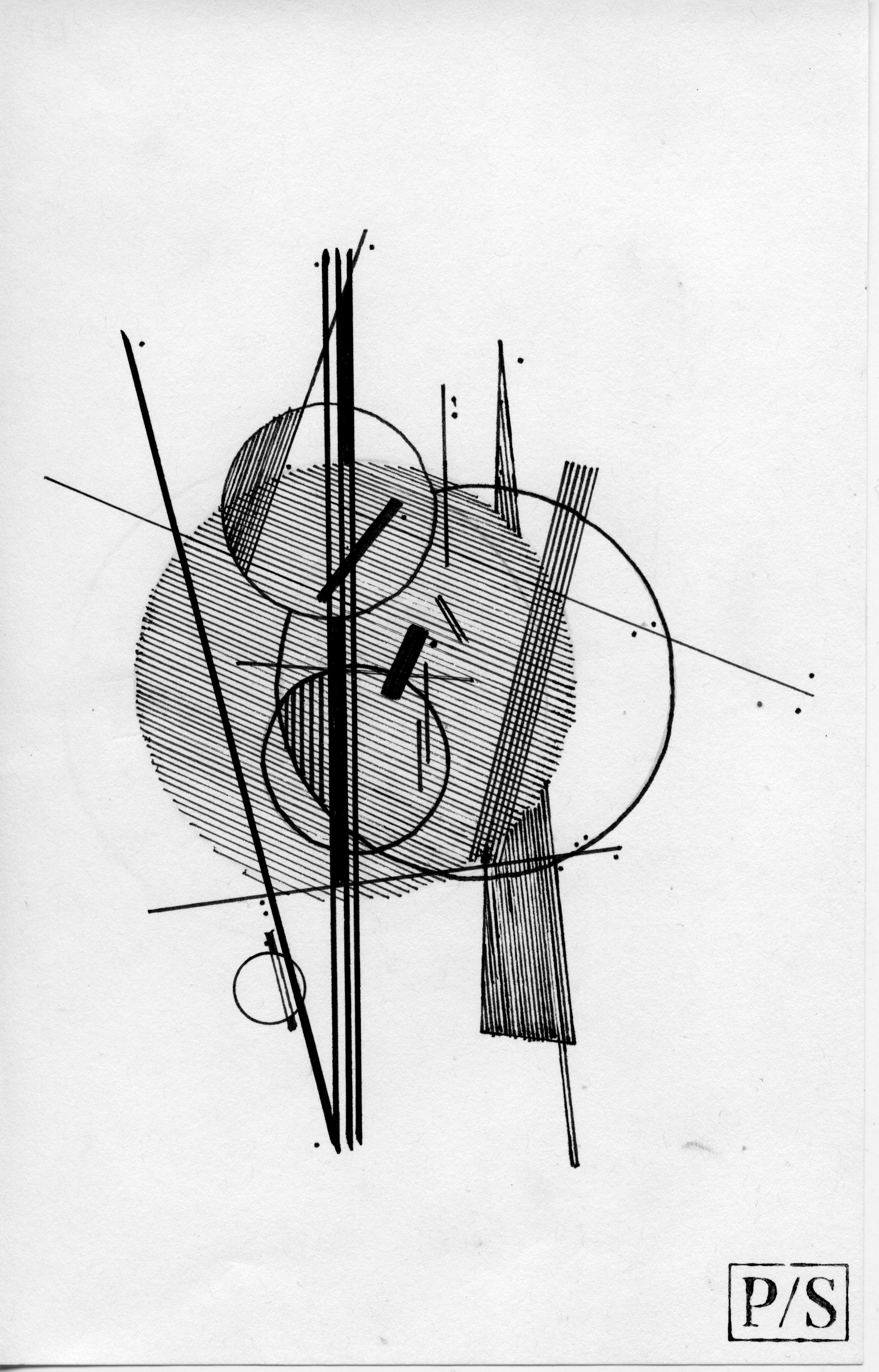 Bauhaus-inspirierte Schwarz-Weiß-Zeichnung „Composition #5“ des Künstlers Paarshav Shah
