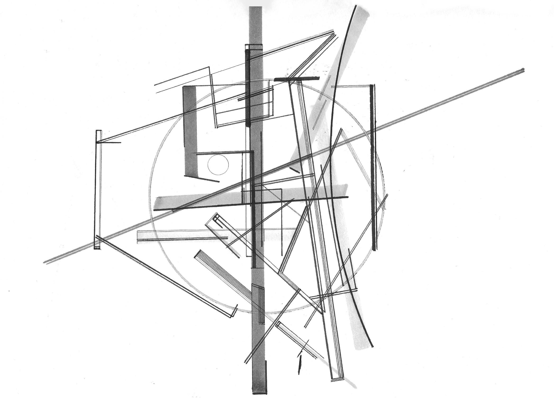 Bauhaus-inspirierte Schwarz-Weiß-Zeichnung „Radial Form 00“ des Künstlers Paarshav Shah