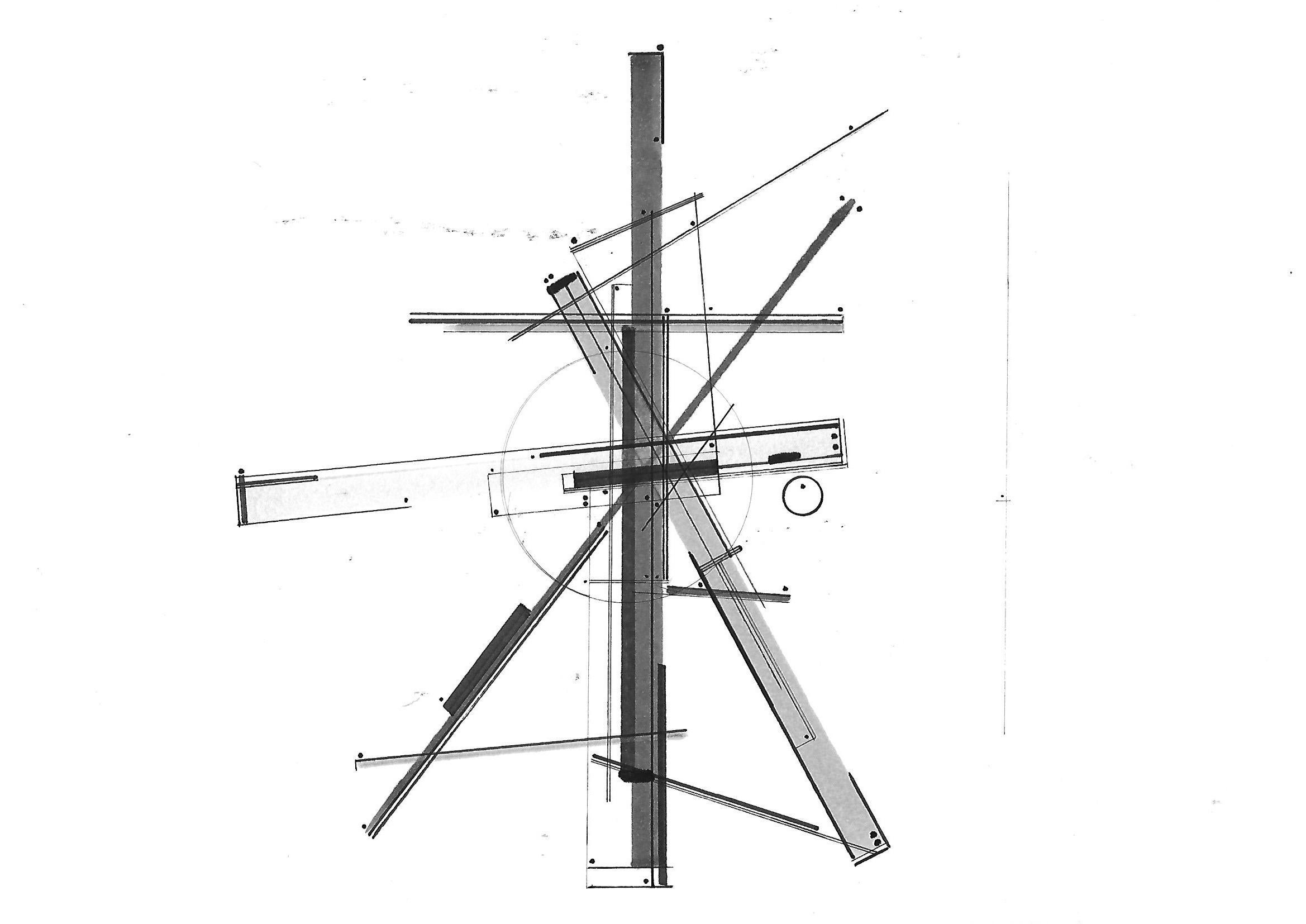 Bauhaus-inspirierte Schwarz-Weiß-Zeichnung „Radial Form 01“ des Künstlers Paarshav Shah