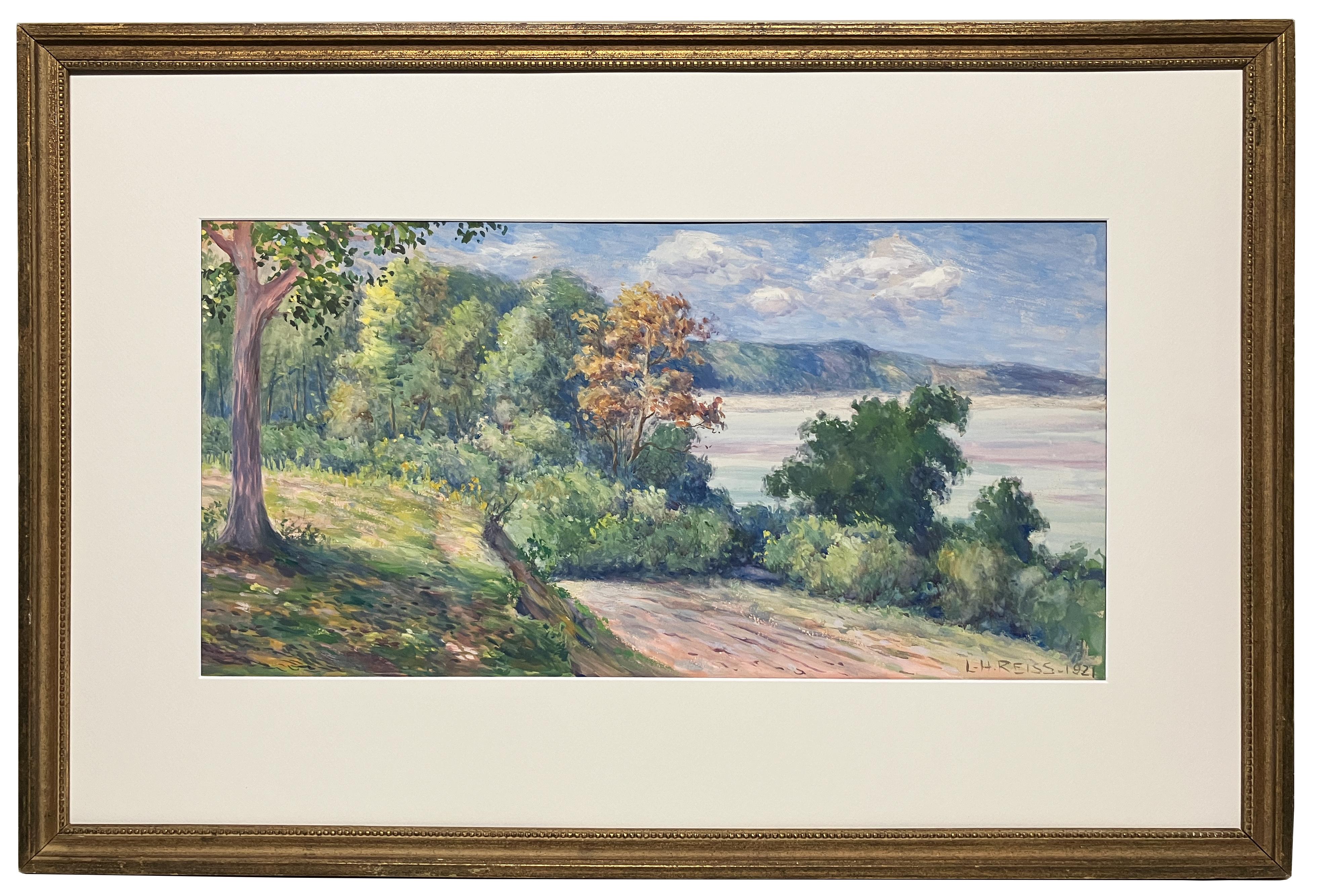 Aquarelle sur papier de 1921 représentant un paysage de la forêt du lac, IL par Louis H. Reiss en vente 1