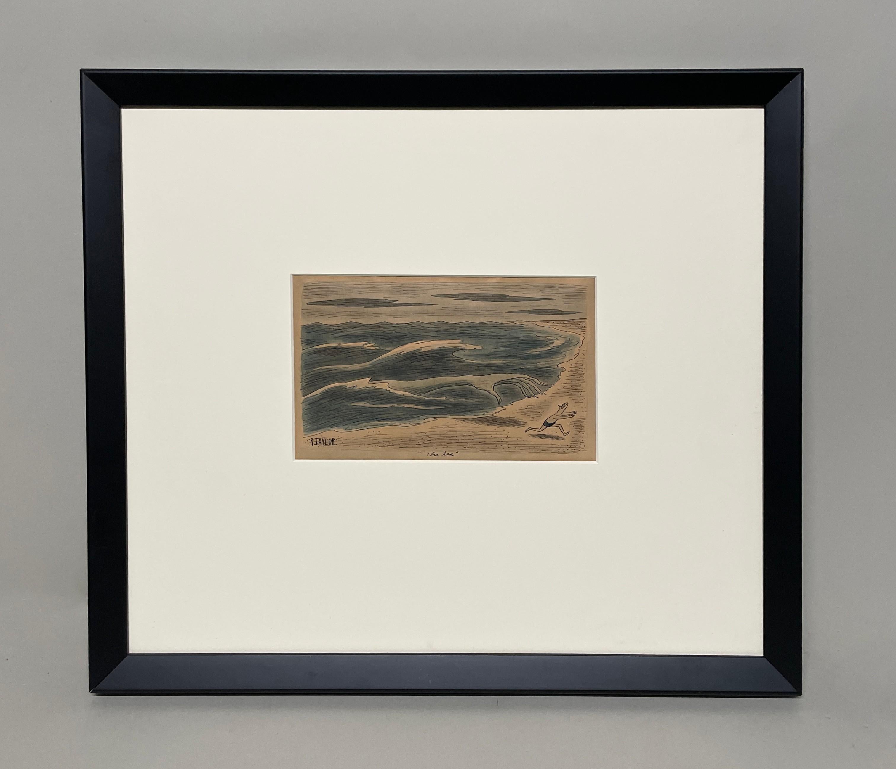 Une astucieuse aquarelle et encre sur papier du dessin intitulé « The Sea » de Richard Taylor 2