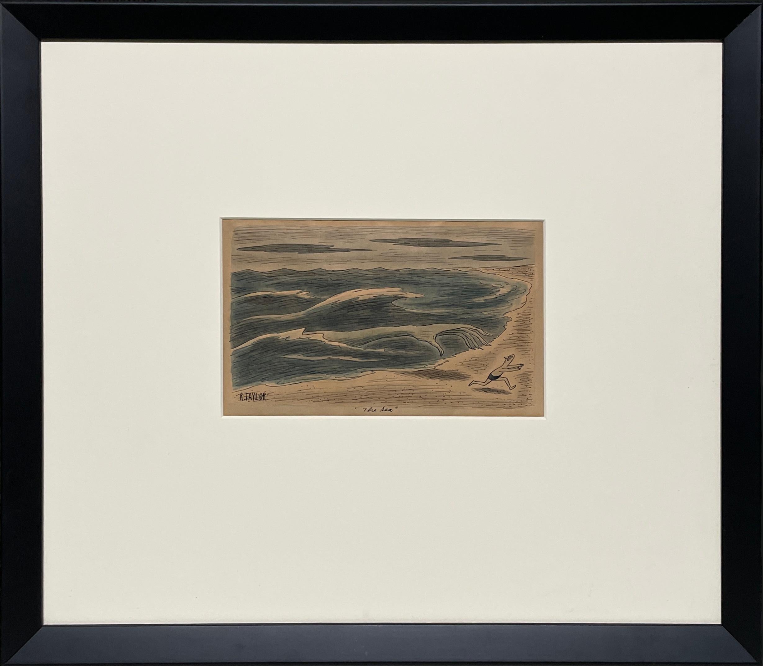 Une astucieuse aquarelle et encre sur papier du dessin intitulé « The Sea » de Richard Taylor 3