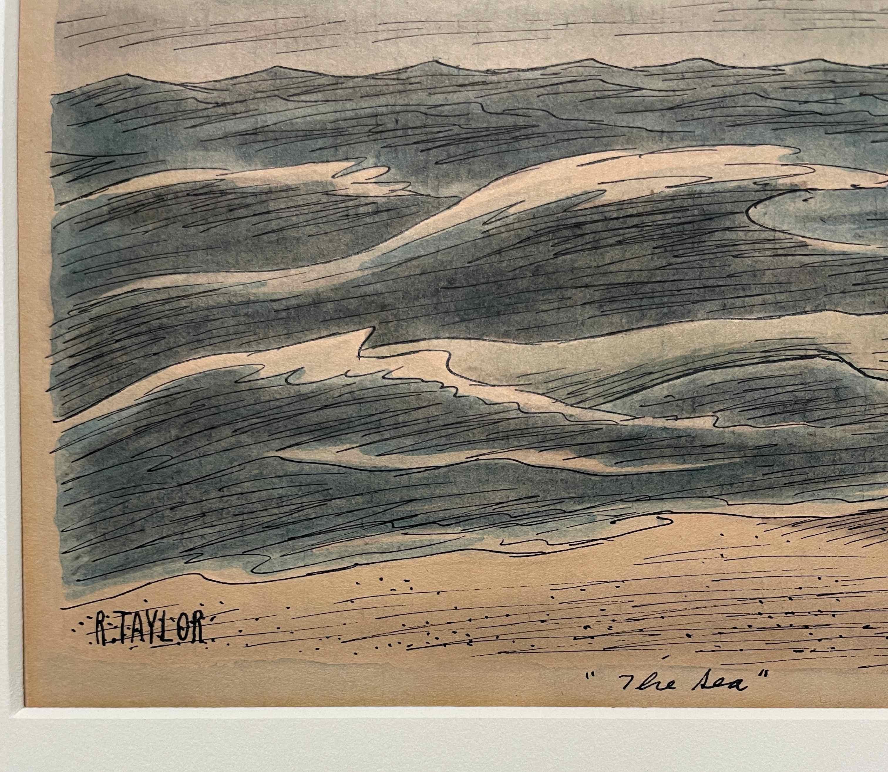 Une astucieuse aquarelle et encre sur papier du dessin intitulé « The Sea » de Richard Taylor 5