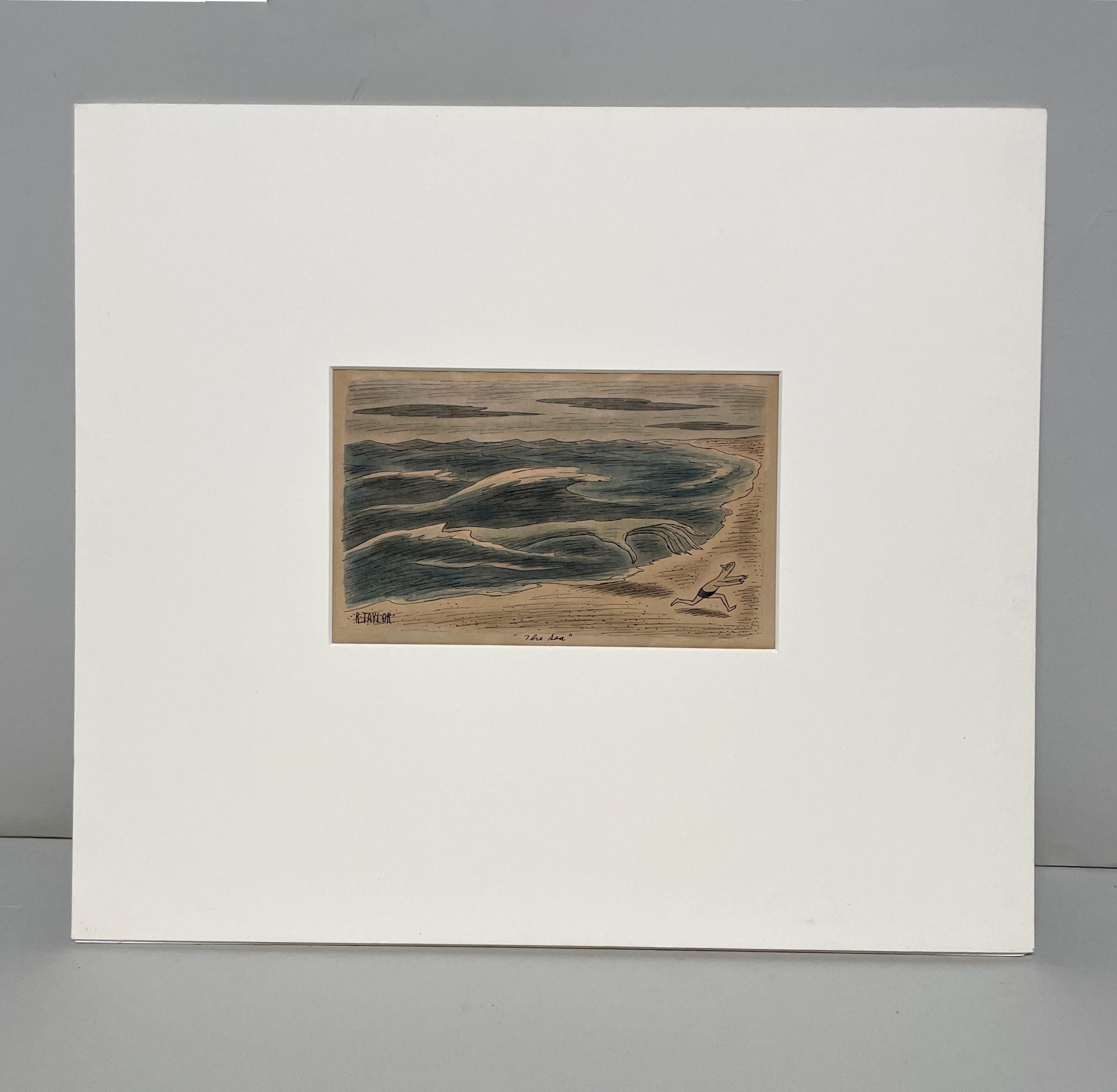 Une astucieuse aquarelle et encre sur papier du dessin intitulé « The Sea » de Richard Taylor 4
