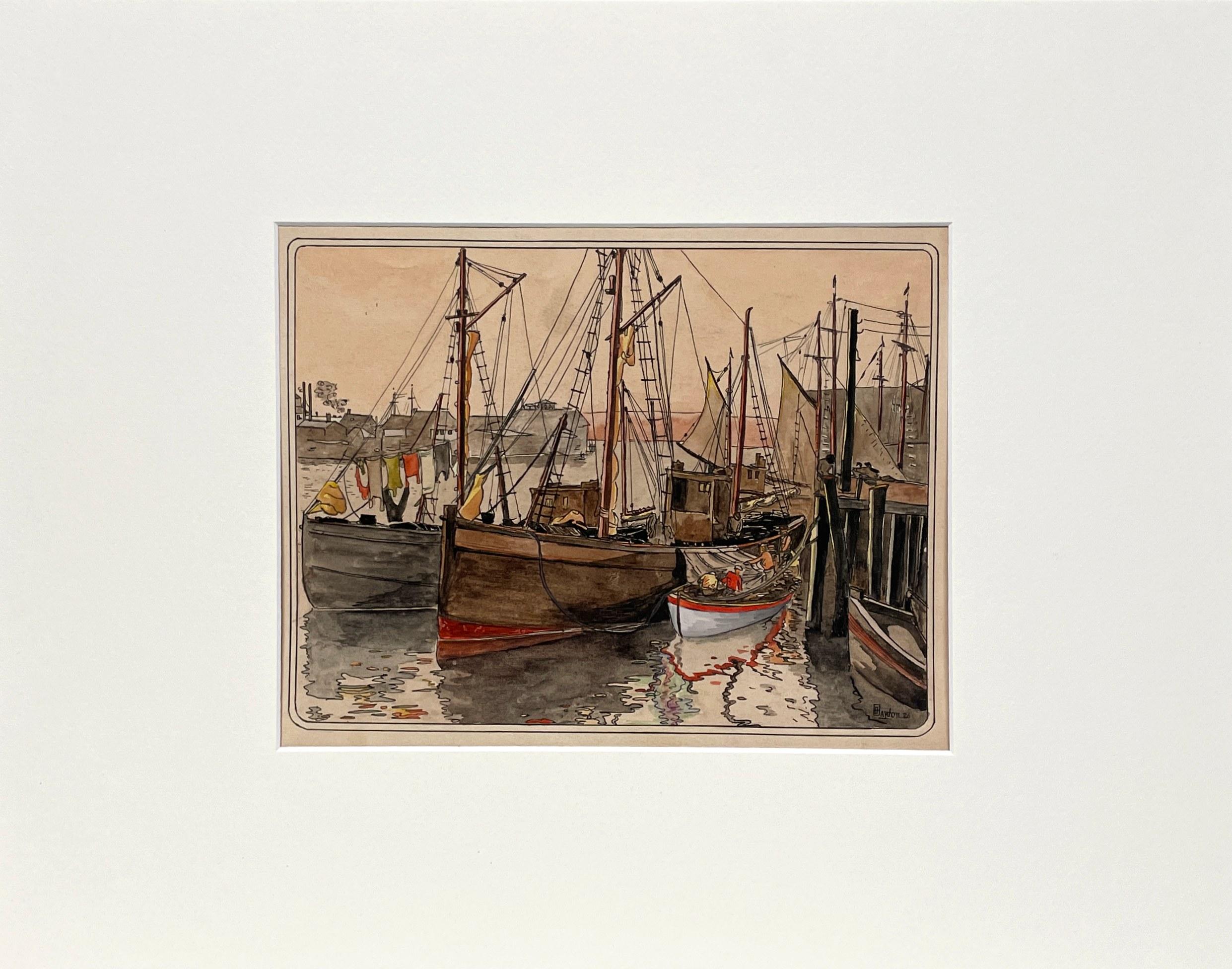 Aquarelle de 1926 représentant des navires au quai, le fleuve Chicago par l'artiste Harold Haydon en vente 2