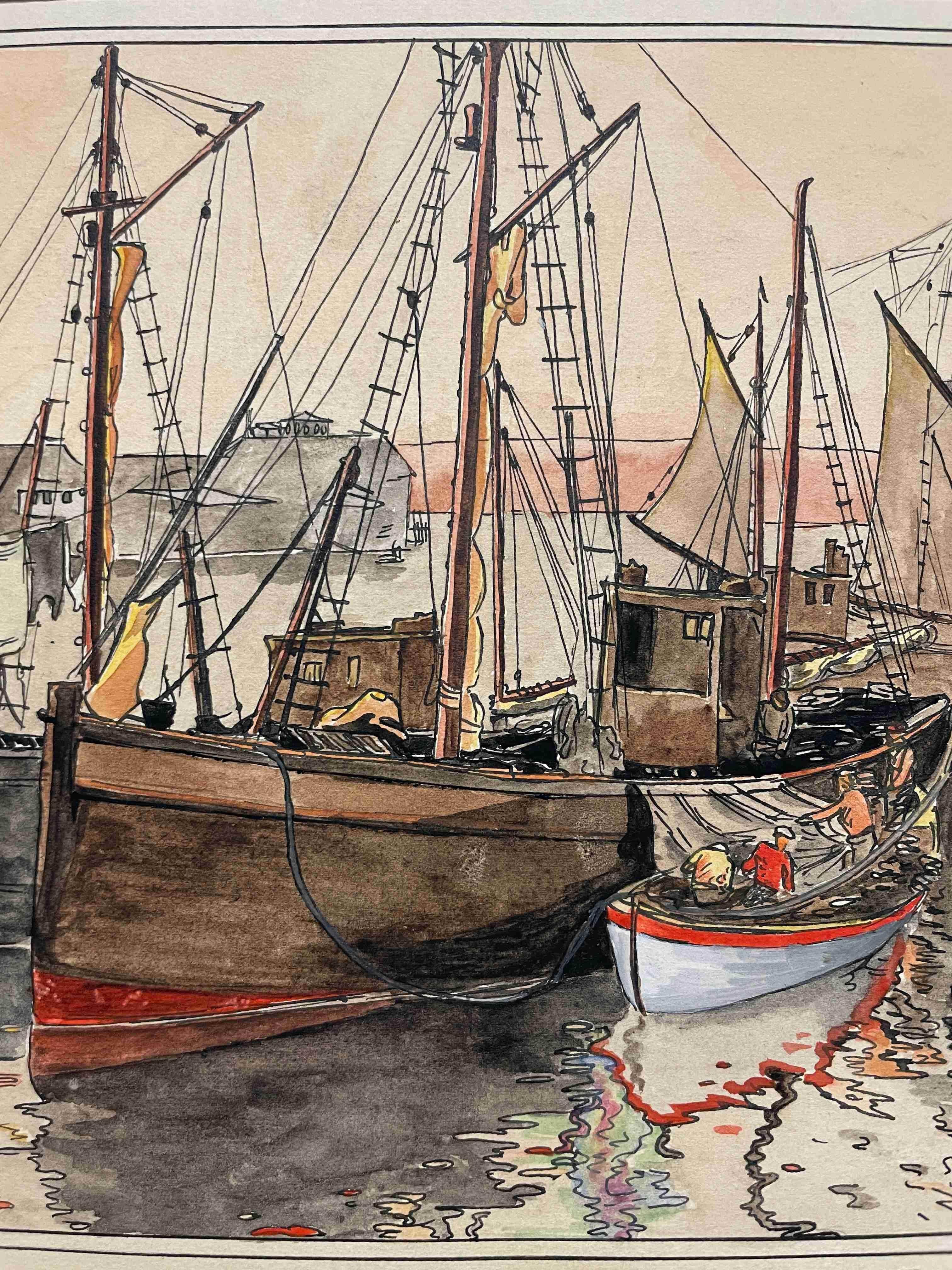 Aquarelle de 1926 représentant des navires au quai, le fleuve Chicago par l'artiste Harold Haydon en vente 3