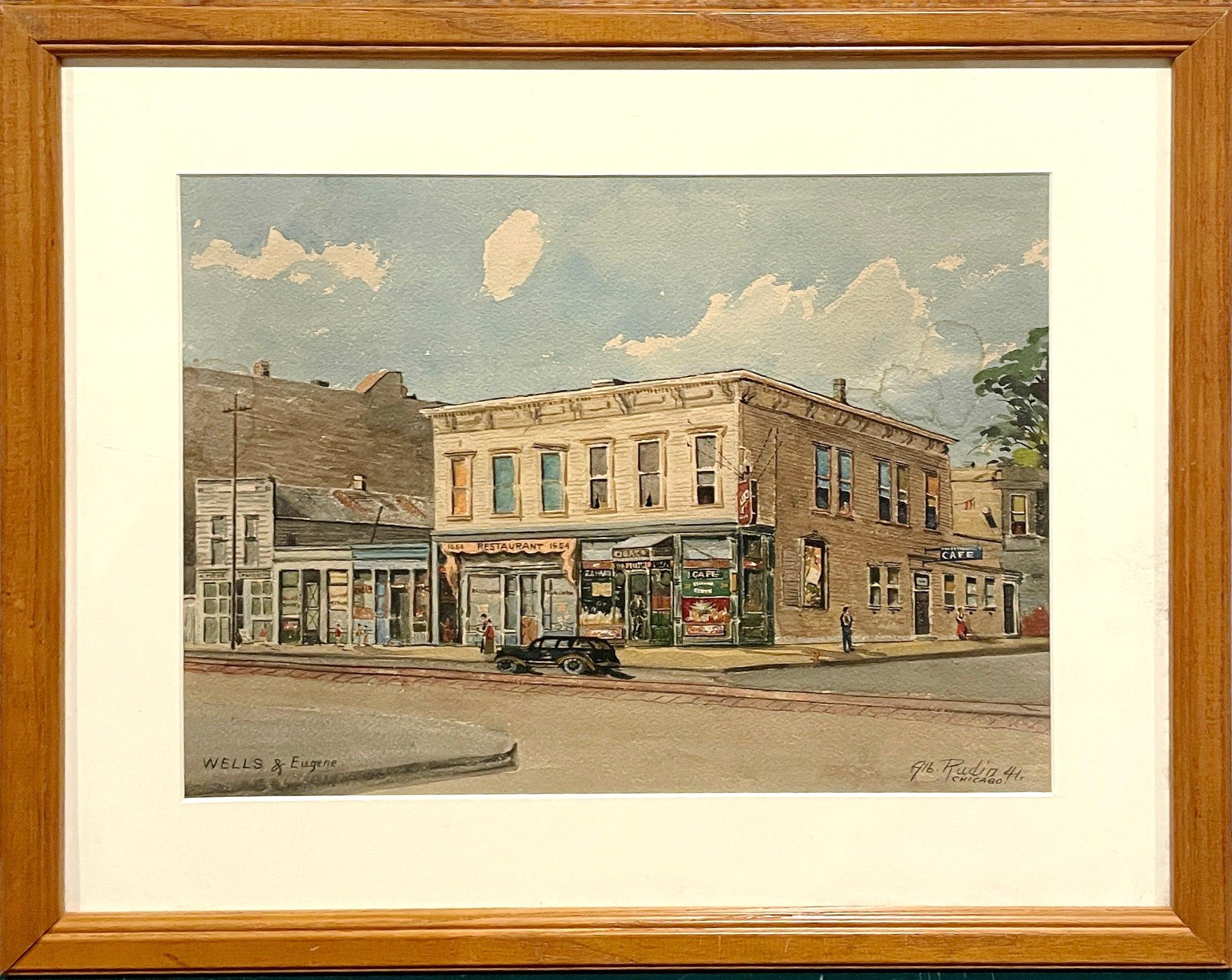 1941 Aquarell der alten Stadt Chicagos, mit dem Titel „Wells & Eugenie“ von Albert Rudin im Angebot 3