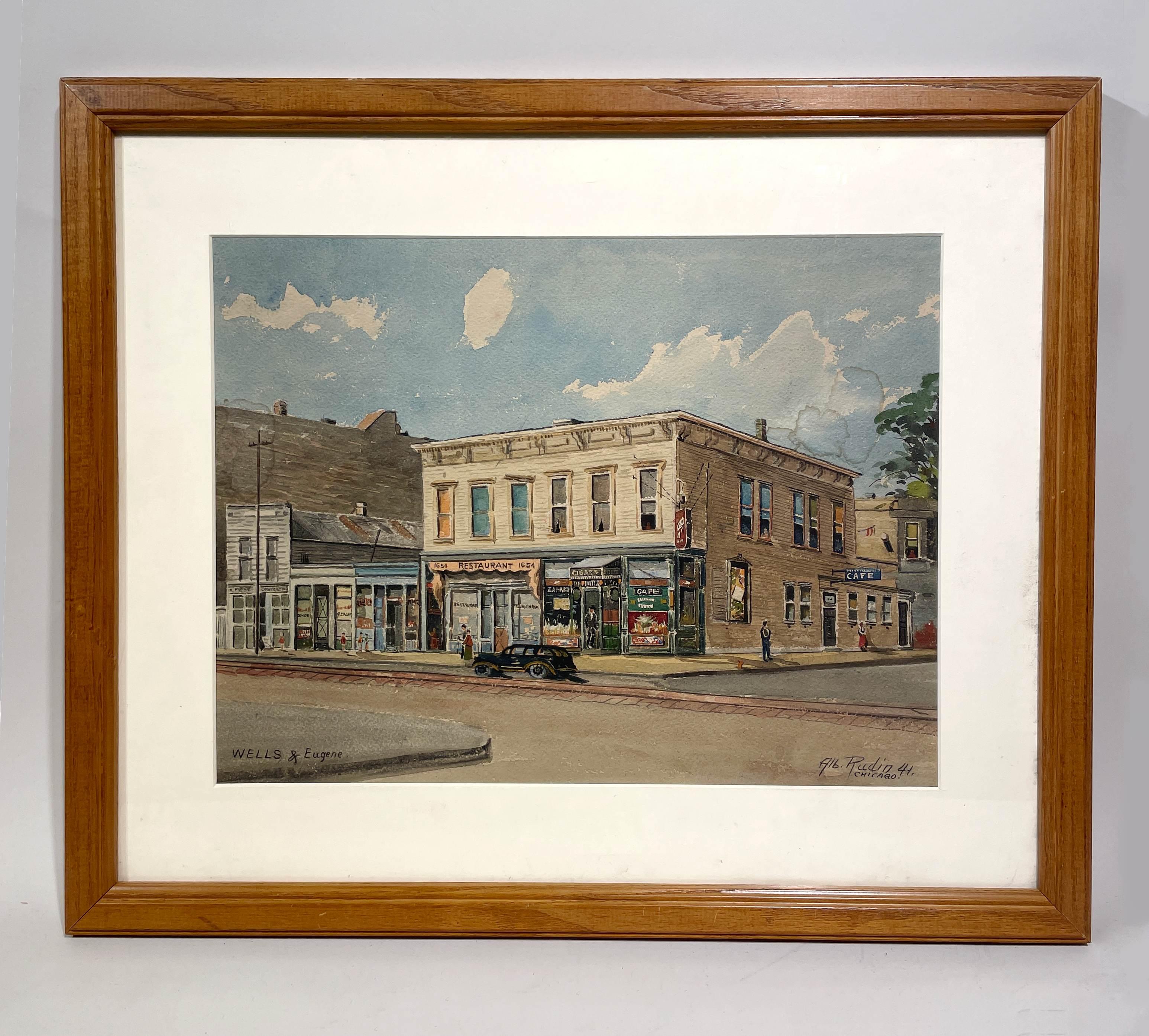1941 Aquarell der alten Stadt Chicagos, mit dem Titel „Wells & Eugenie“ von Albert Rudin im Angebot 1