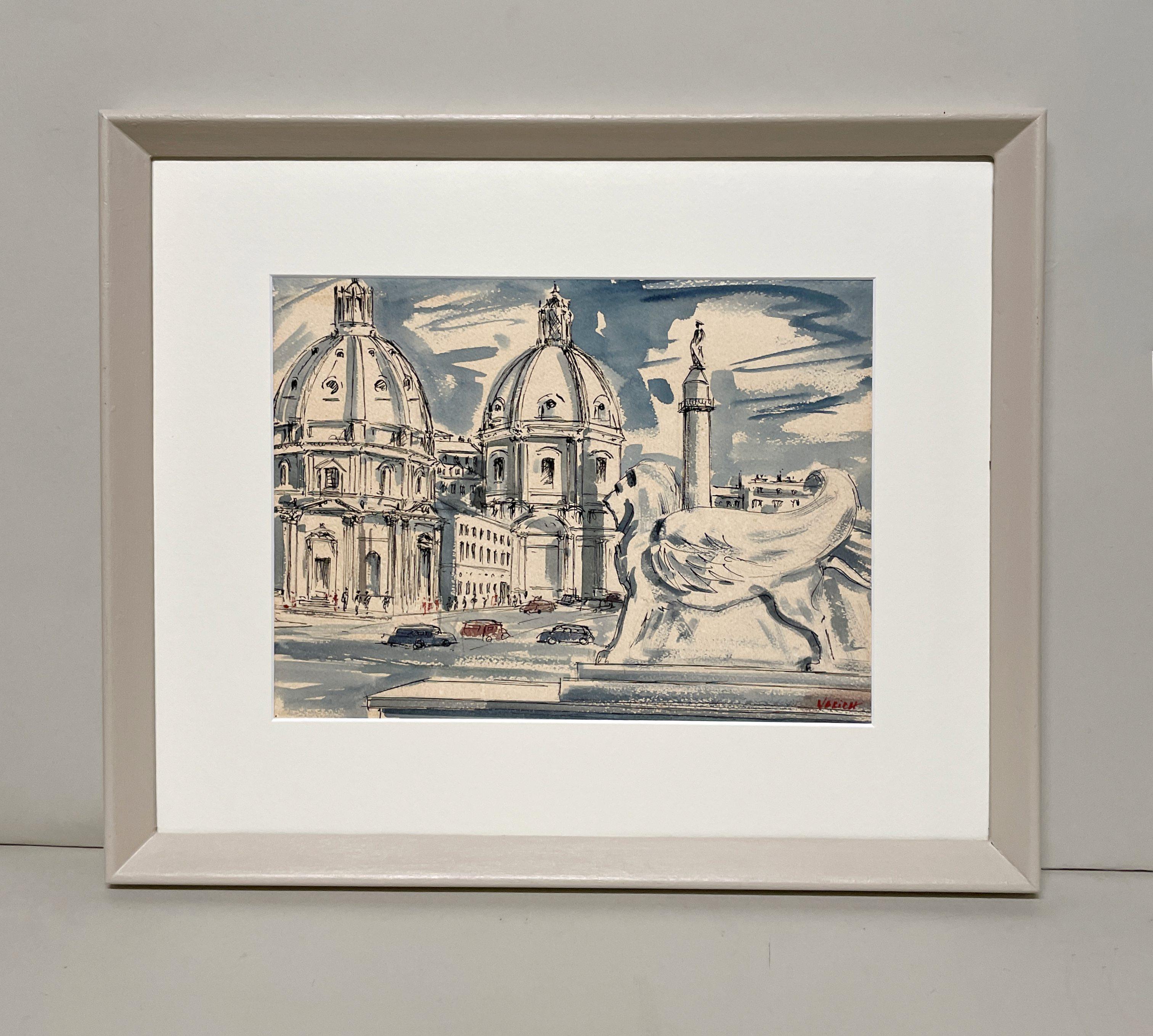 Une exquise aquarelle du milieu du siècle dernier de Rome, vers 1960 de l'artiste George Yelich en vente 1