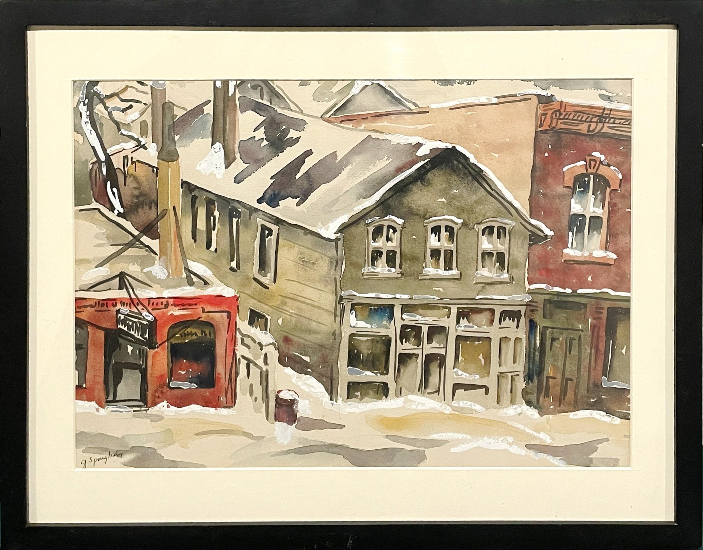 A 1940s American Scene Watercolor of a Chicago Street Scene by Grace Spongberg For Sale 2