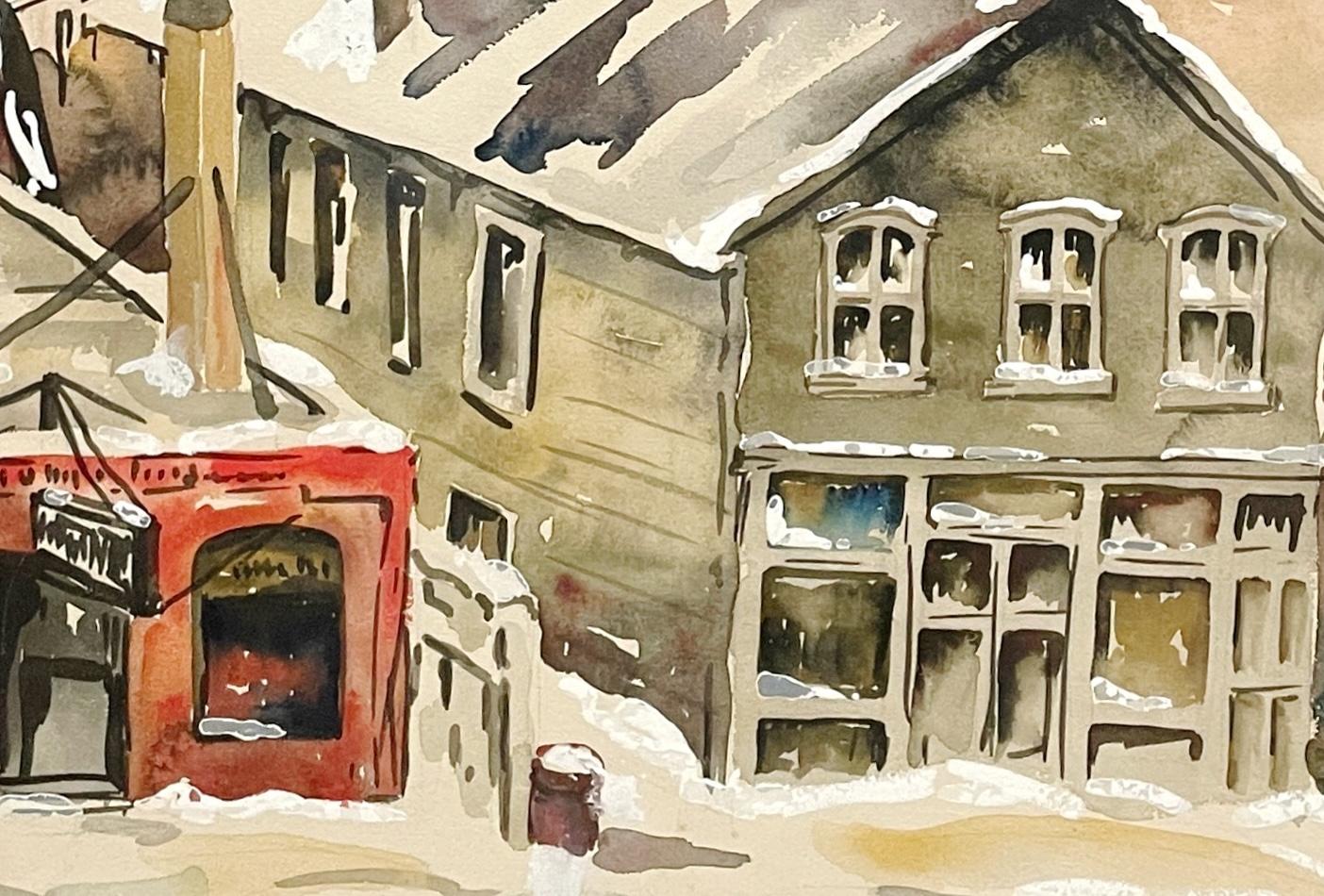 A 1940s American Scene Watercolor of a Chicago Street Scene by Grace Spongberg For Sale 4