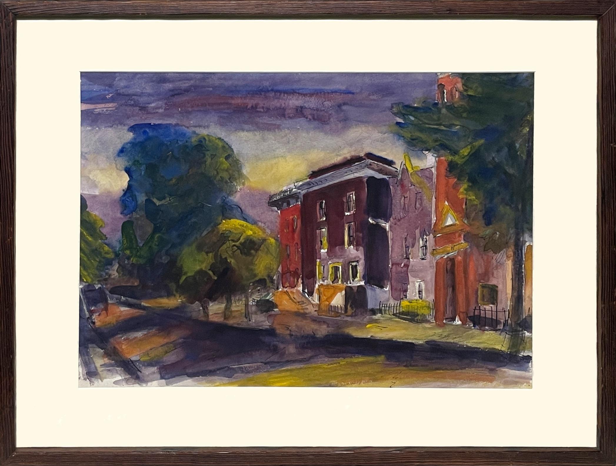 1930s Cheerful Watercolor of a Chicago Street Scene by Constantine Pougialis For Sale 2
