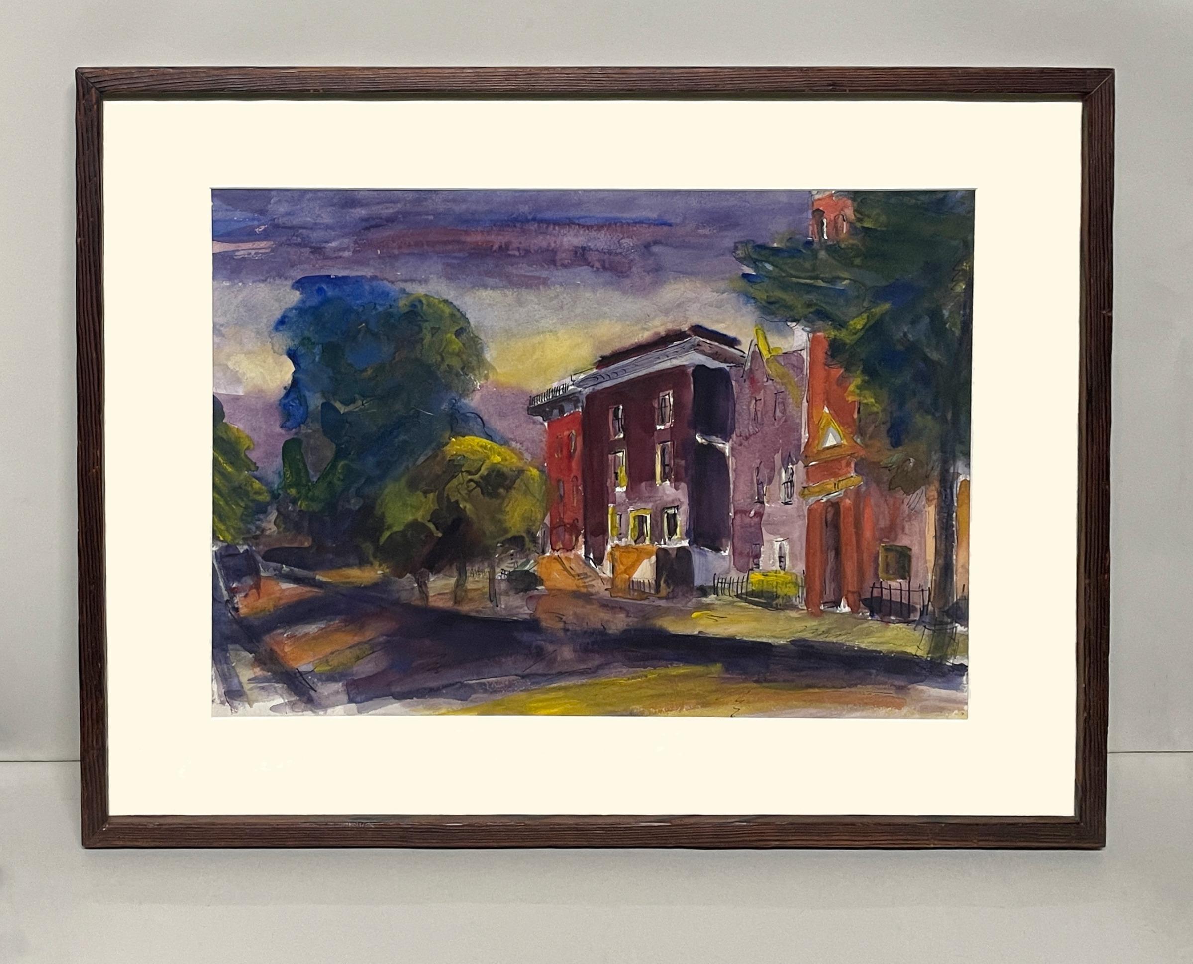 1930s Cheerful Watercolor of a Chicago Street Scene by Constantine Pougialis For Sale 1