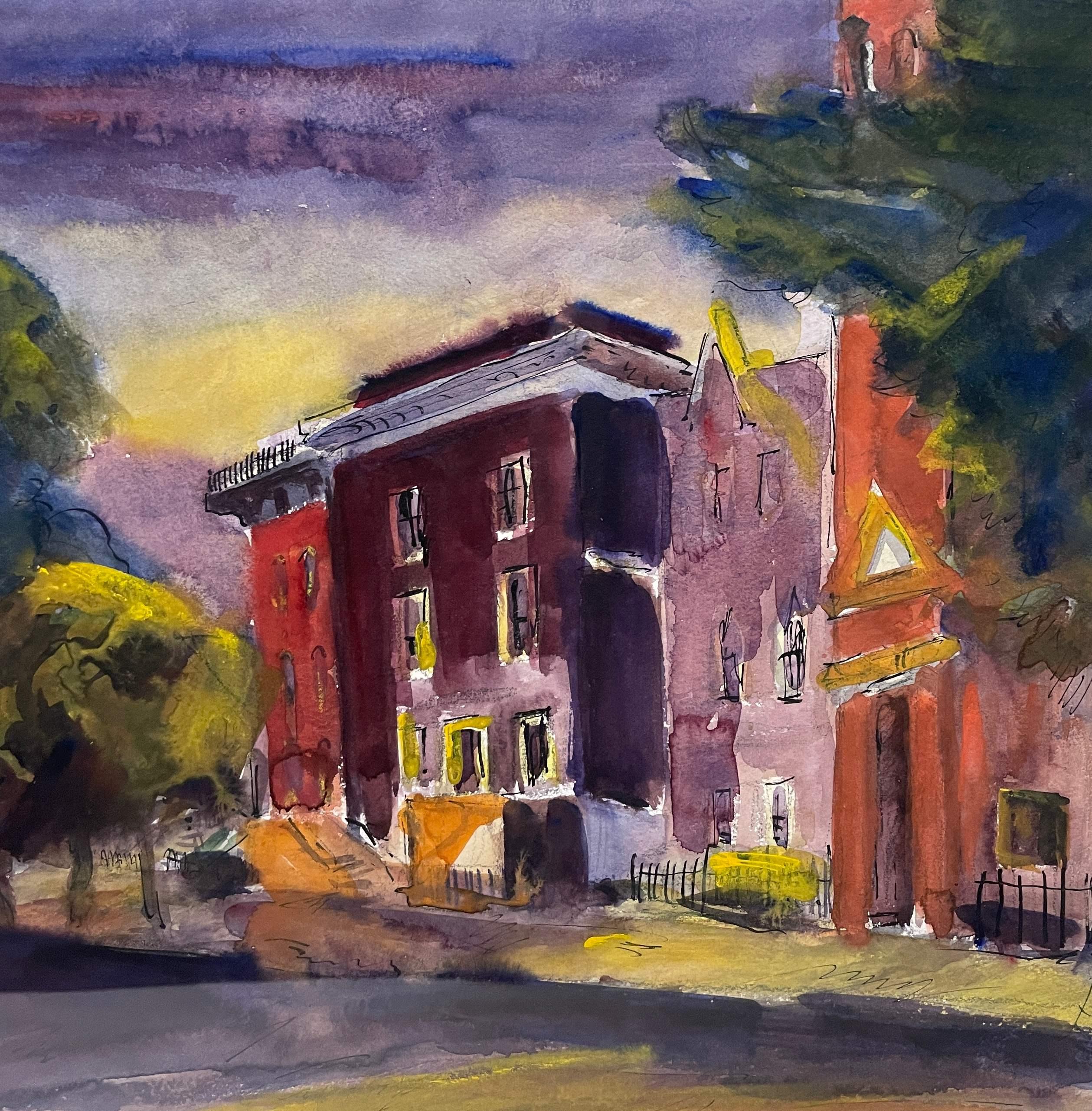 1930s Cheerful Watercolor of a Chicago Street Scene by Constantine Pougialis For Sale 3