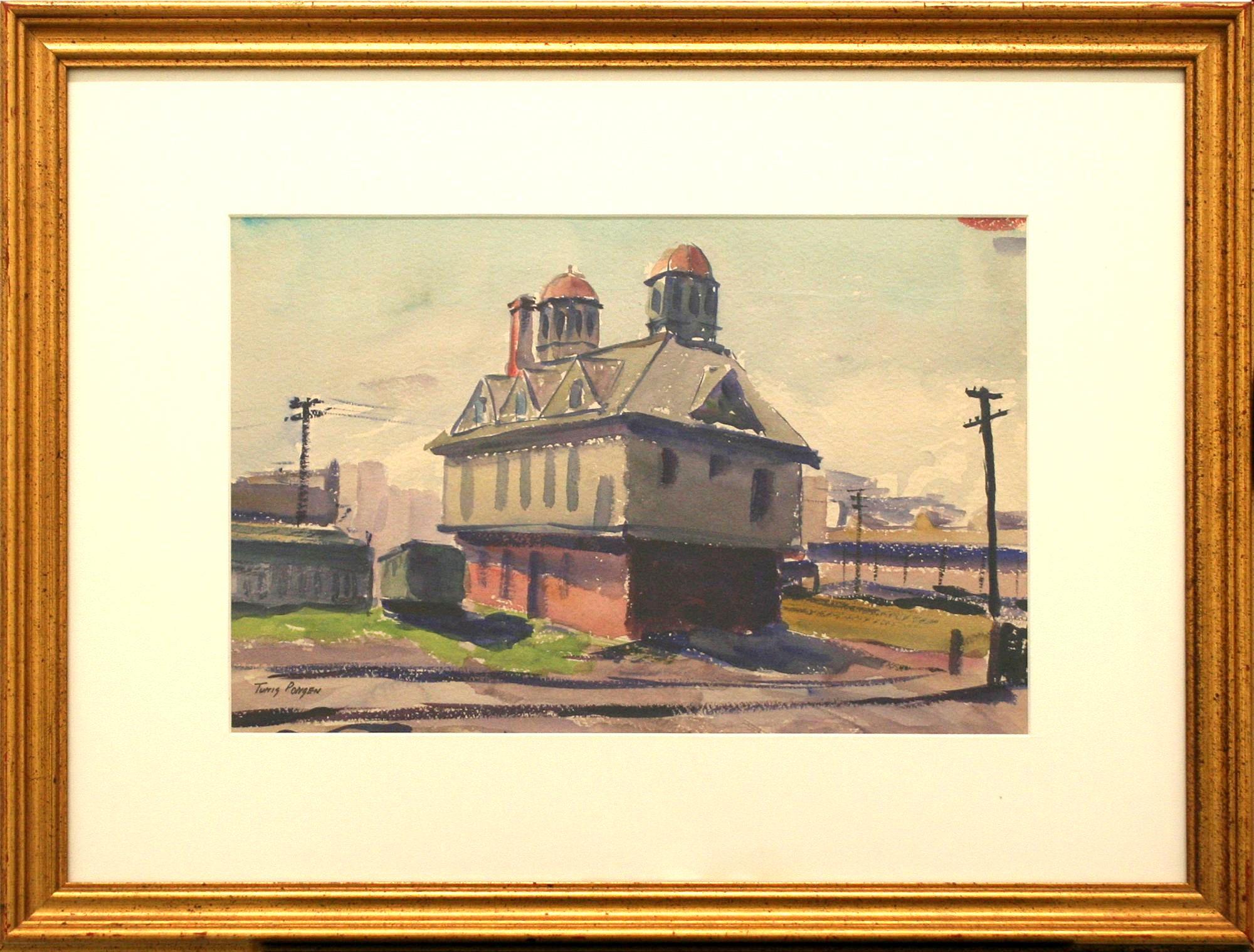 Aquarelle des années 1930 d'une gare de triage de Chicago par Tunis Ponsen, artiste renommé de Chicago en vente 1