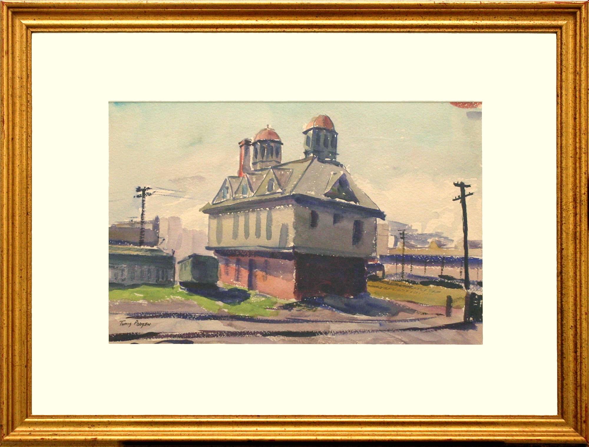 Aquarelle des années 1930 d'une gare de triage de Chicago par Tunis Ponsen, artiste renommé de Chicago en vente 2
