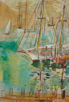 Large Watercolor & Pastel Dock Scene of Martha's Vineyard by Francis Chapin