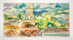 A Vibrant, Colorful 1960s Mid-Century Modern Watercolor of Village Rooftops
