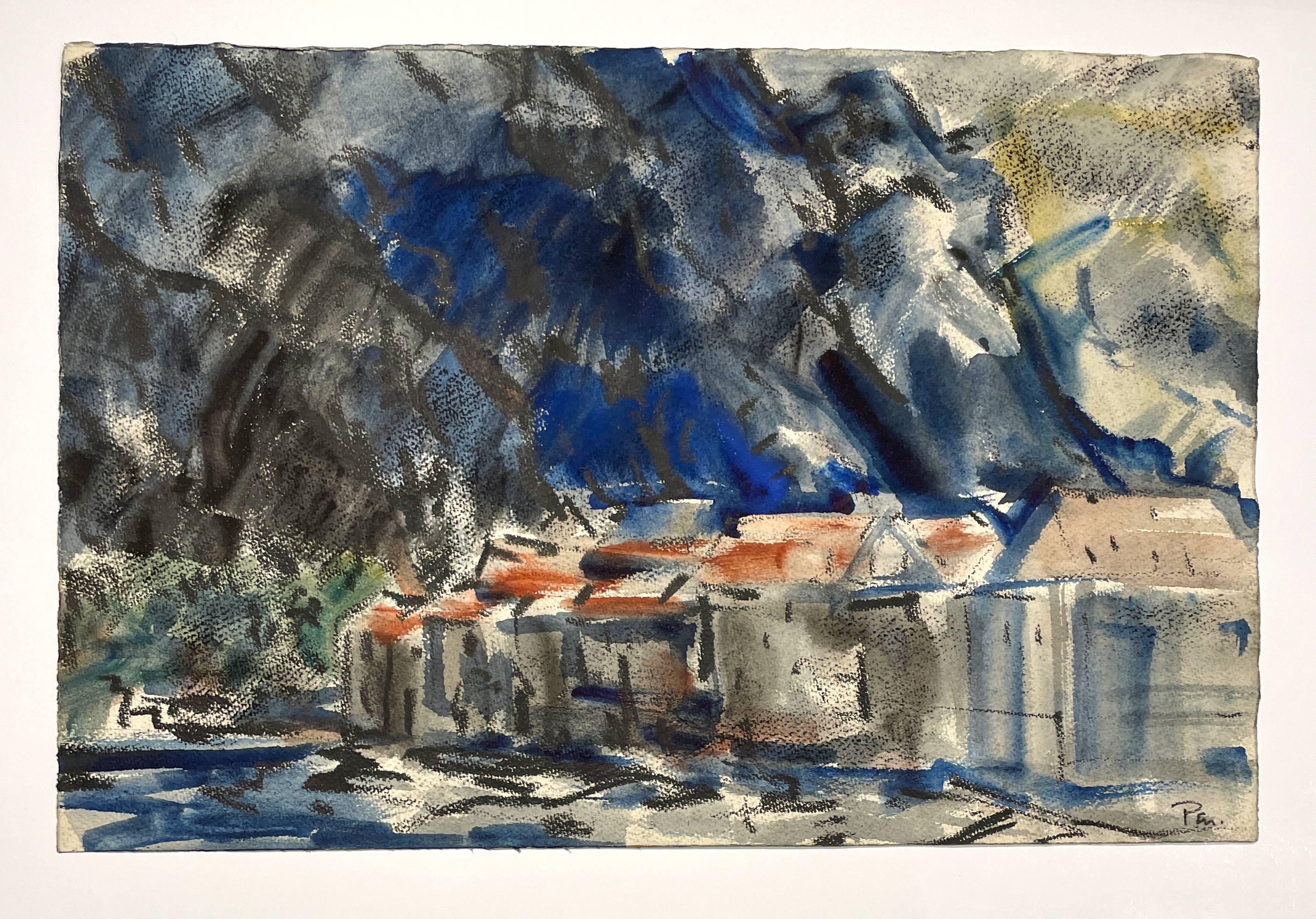 Uno splendido acquerello della metà del secolo scorso, Scena di porto e tetti di Rudolph Pen in vendita 1