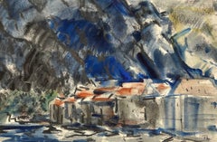Atemberaubendes Mid-Century Modern-Aquarell, Hafenszene und Rooftops von Rudolph Pen, Mid-Century Modern