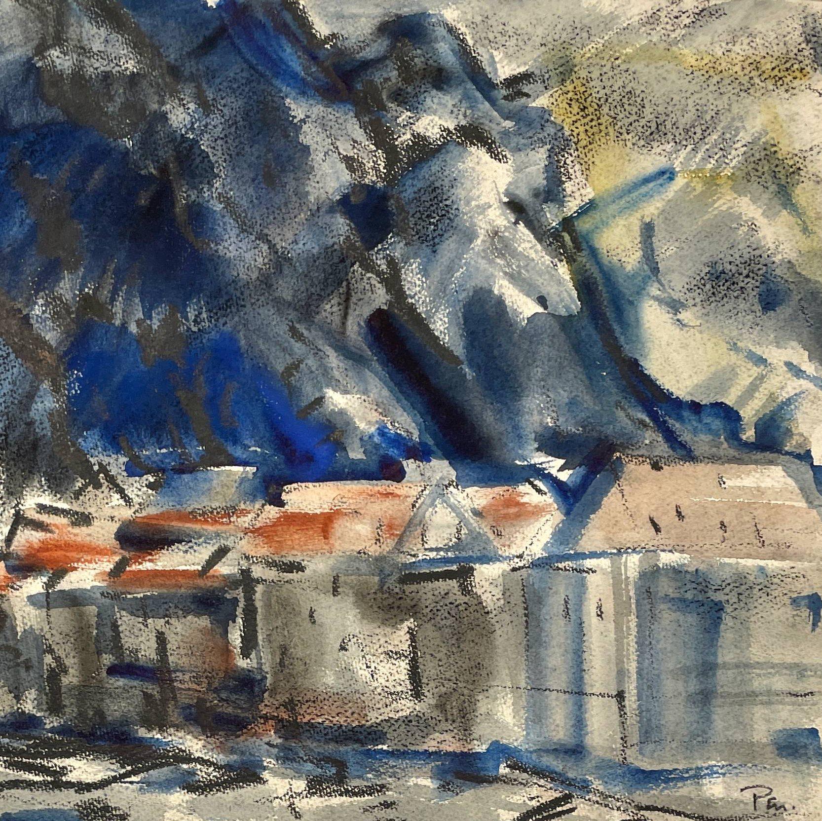 Uno splendido acquerello della metà del secolo scorso, Scena di porto e tetti di Rudolph Pen in vendita 3