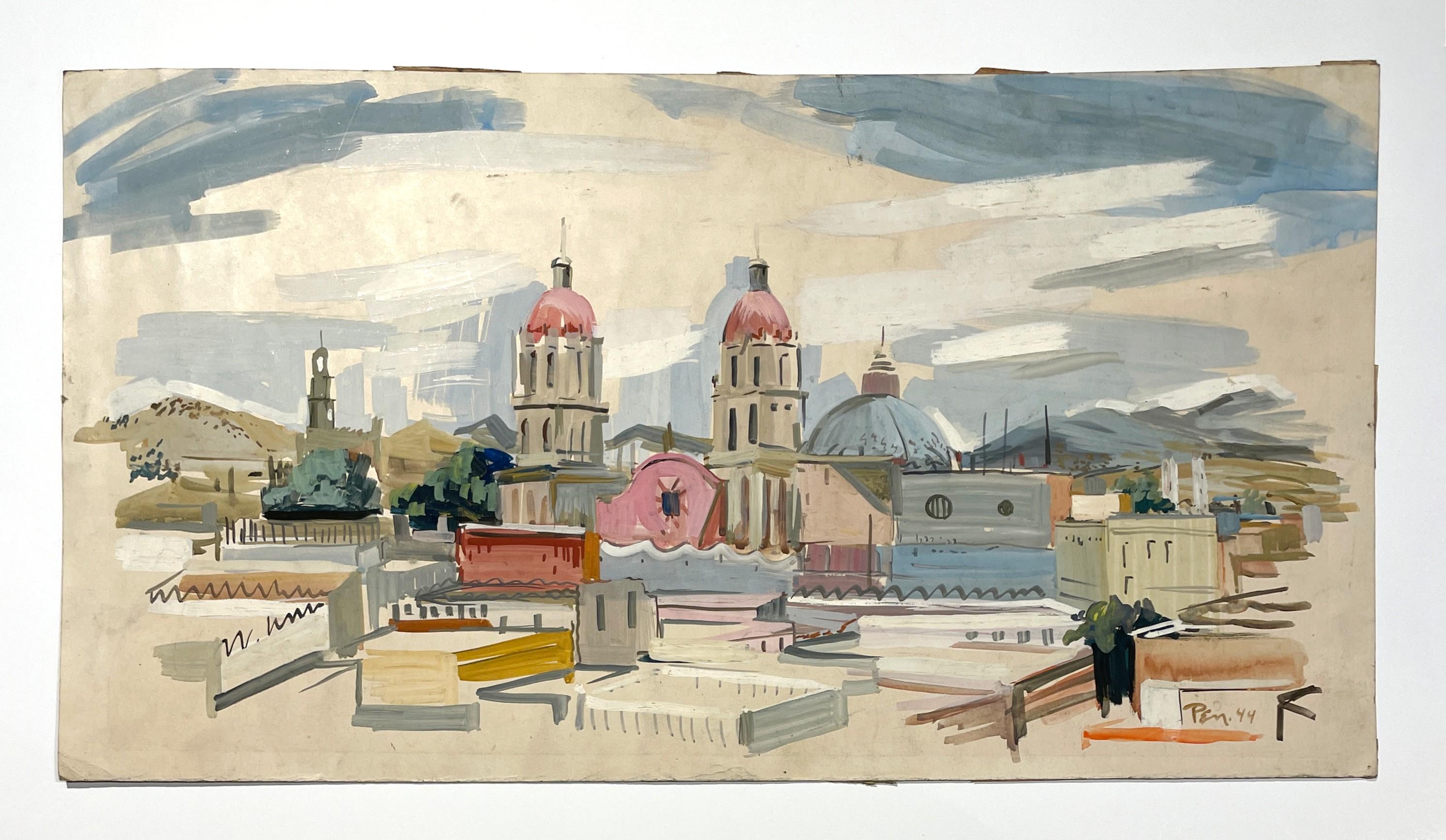 Charmante aquarelle du Mexique des années 1940 avec cathédrales et coqs de Rudolph Pen en vente 1