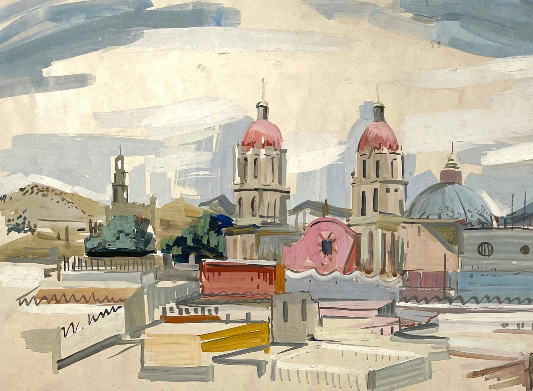 Charmante aquarelle du Mexique des années 1940 avec cathédrales et coqs de Rudolph Pen en vente 2