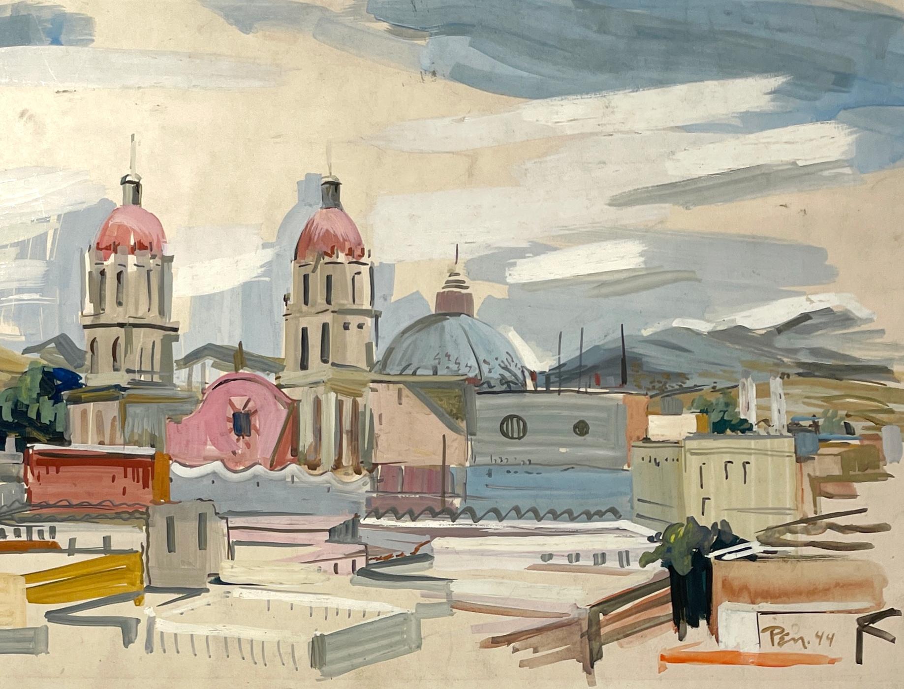 Charmante aquarelle du Mexique des années 1940 avec cathédrales et coqs de Rudolph Pen en vente 3