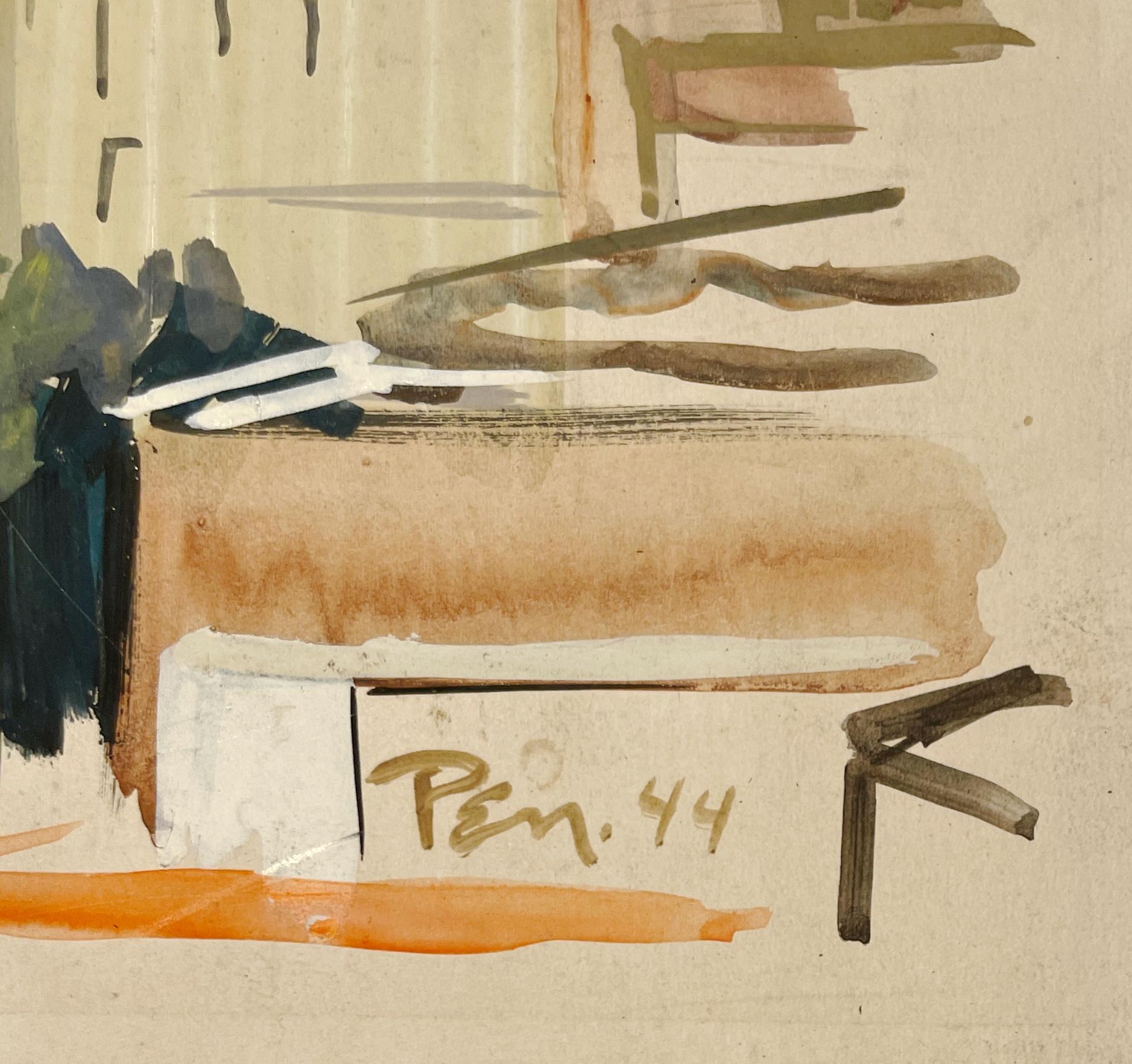 Charmante aquarelle du Mexique des années 1940 avec cathédrales et coqs de Rudolph Pen en vente 4