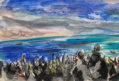 A Colorful, Panoramic Mid-Century Modern View of Nazaré, Portugal by Rudolph Pen