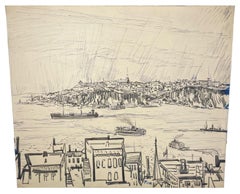 A Large, 1950s Mid-Century Modern Ink Drawing of Quebec City by Rudolph Pen