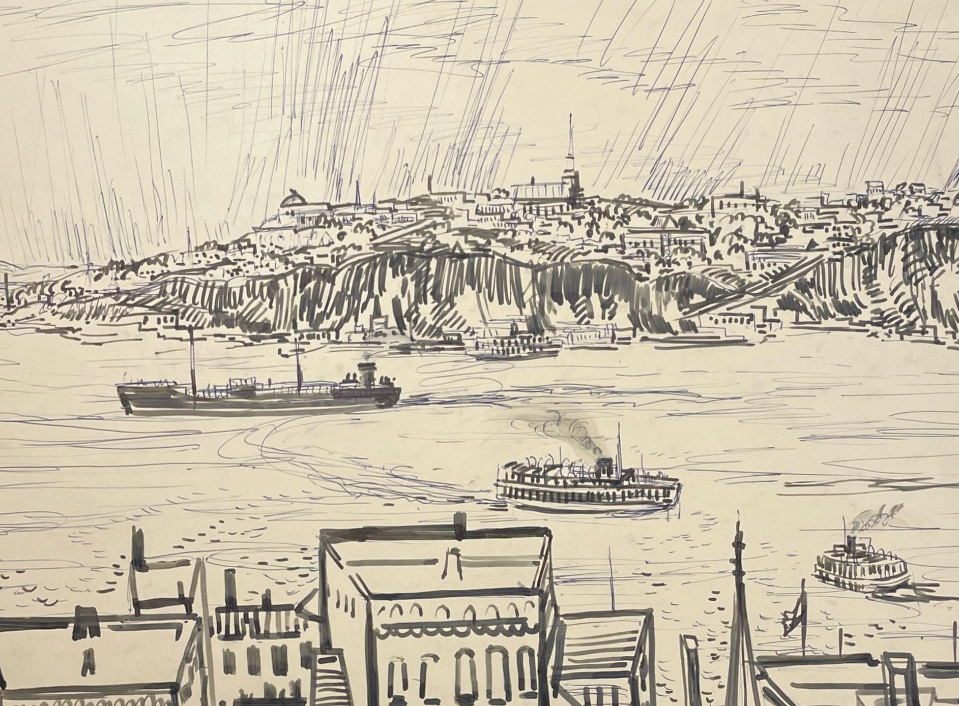 Un gran dibujo a tinta de la ciudad de Quebec, moderno de mediados de siglo, de los años 50, por Rudolph Pen en venta 2