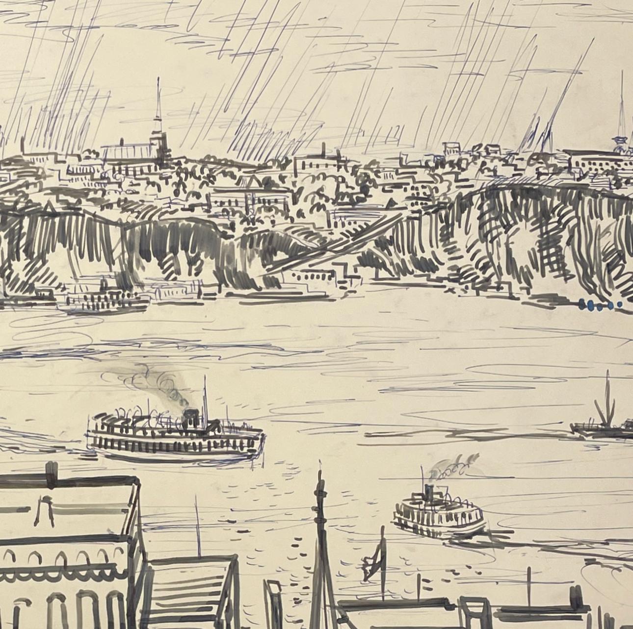 Un gran dibujo a tinta de la ciudad de Quebec, moderno de mediados de siglo, de los años 50, por Rudolph Pen en venta 3