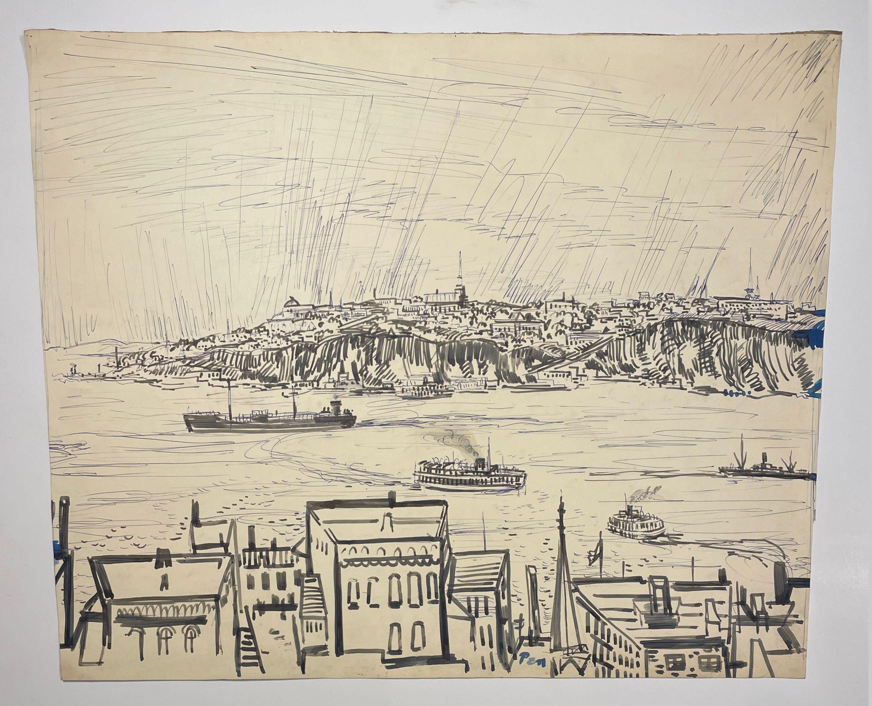 Un gran dibujo a tinta de la ciudad de Quebec, moderno de mediados de siglo, de los años 50, por Rudolph Pen en venta 1
