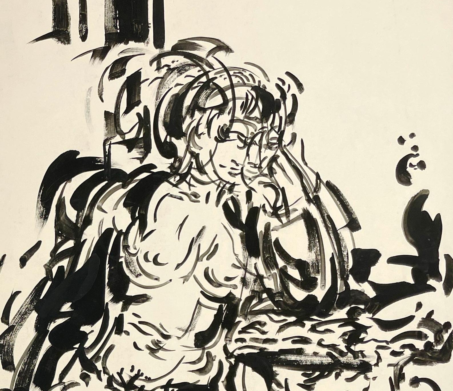 A Stunning Mid-Century Modern Ink Drawing of a Seated Female Nude by Rudolph Pen For Sale 2