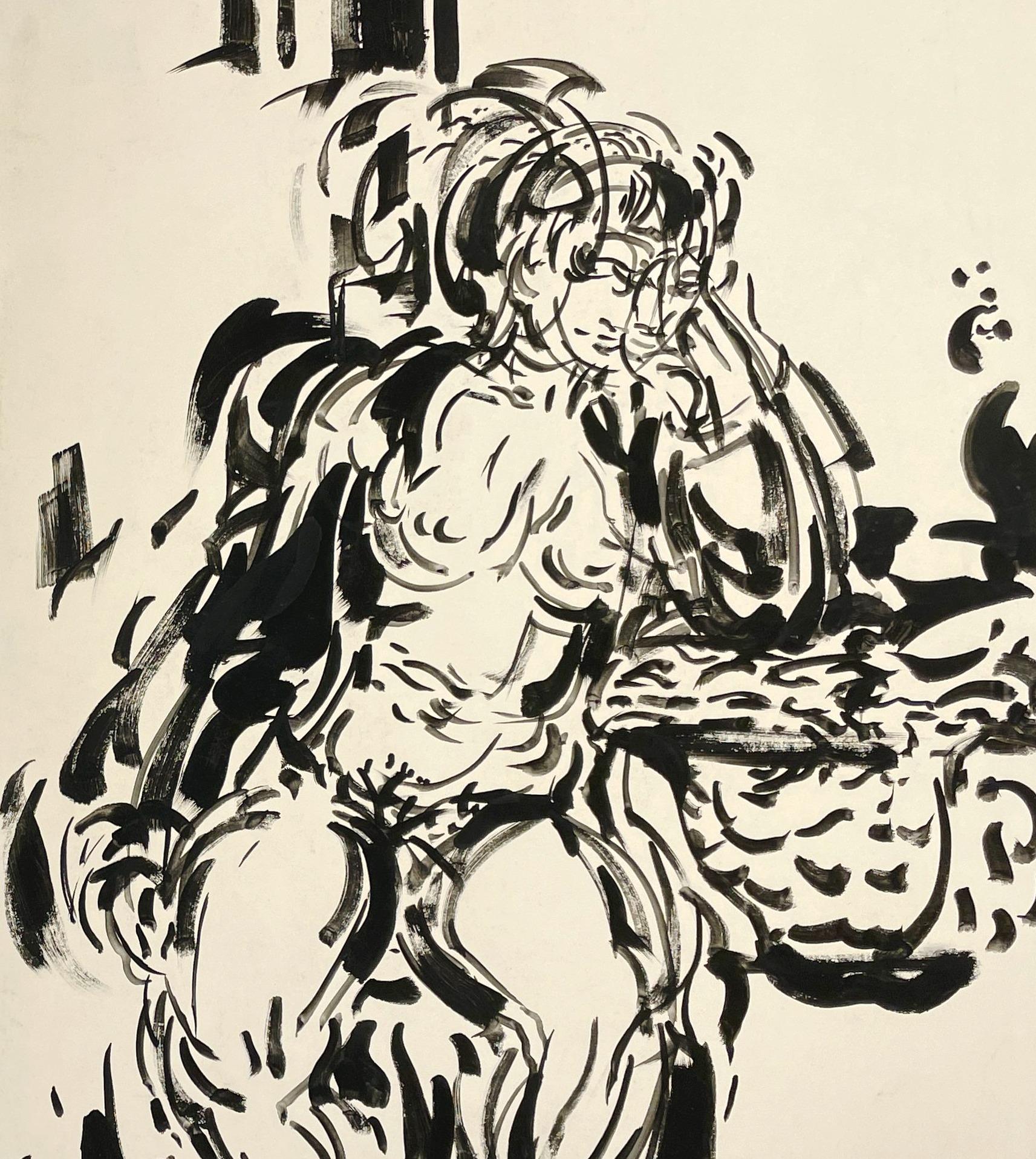 A Stunning Mid-Century Modern Ink Drawing of a Seated Female Nude by Rudolph Pen For Sale 3