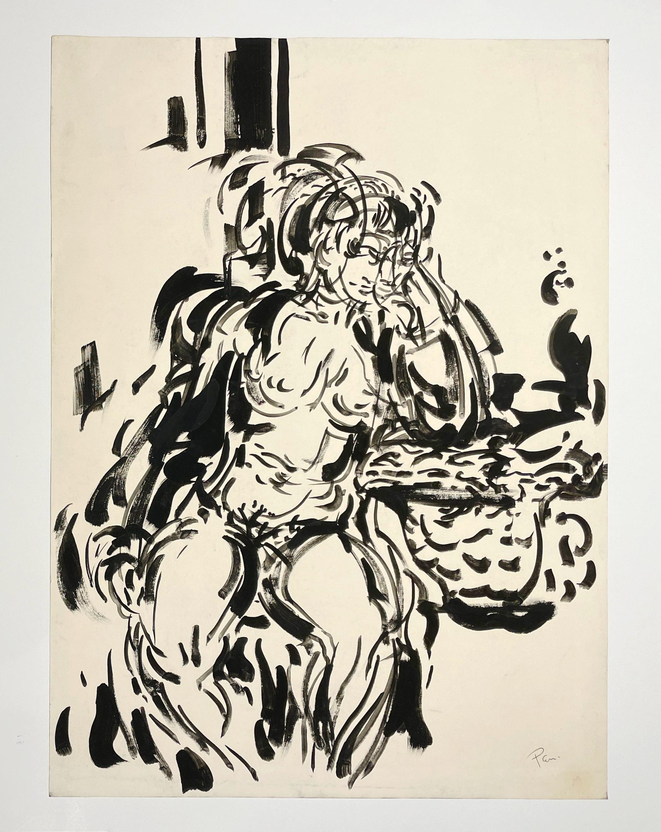 A Stunning Mid-Century Modern Ink Drawing of a Seated Female Nude by Rudolph Pen For Sale 1