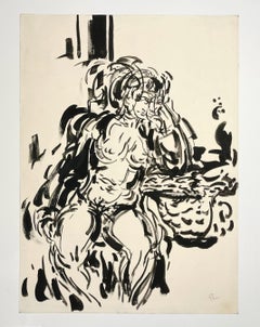 A Stunning Mid-Century Modern Ink Drawing of a Seated Female Nude by Rudolph Pen